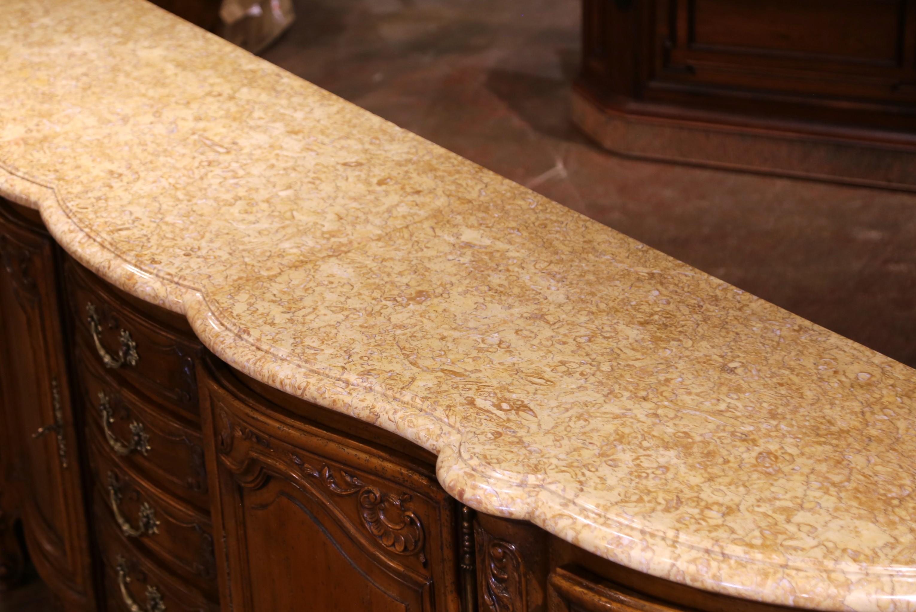 Français A.I.C. Early 20th C. French Louis XV Marble Top Carved Walnut Four-Door Buffet Enfilade en vente