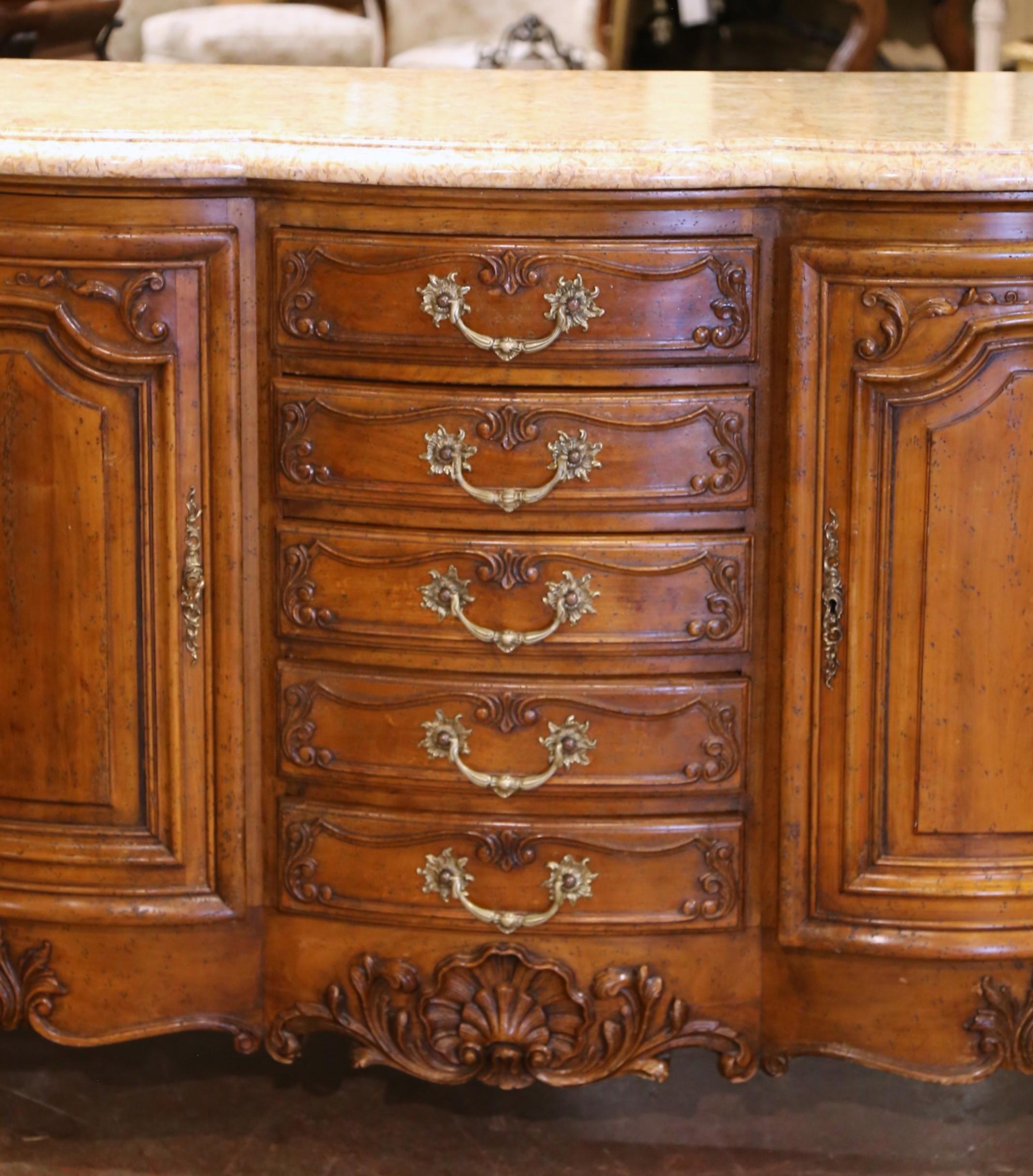 20ième siècle A.I.C. Early 20th C. French Louis XV Marble Top Carved Walnut Four-Door Buffet Enfilade en vente