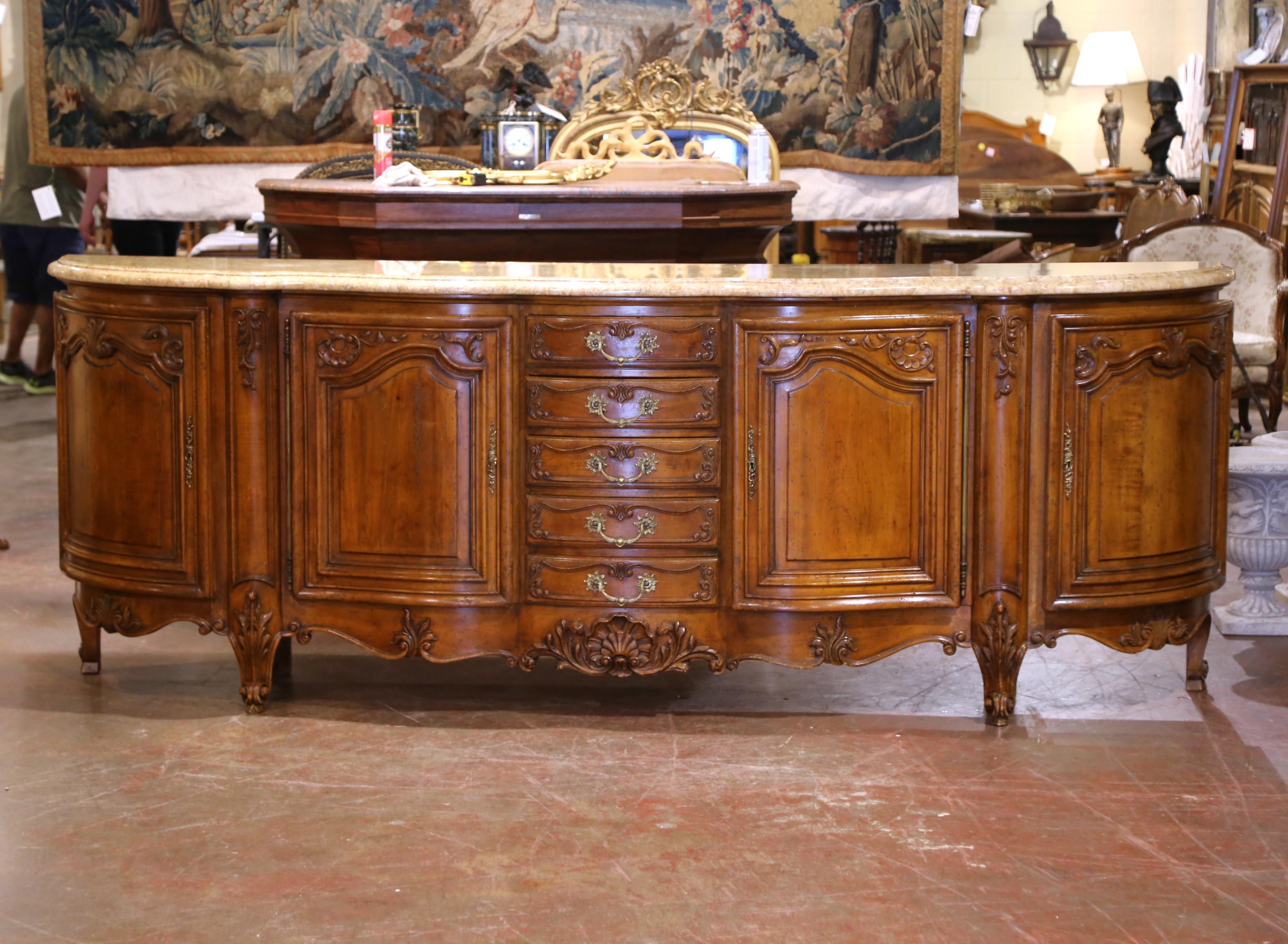Noyer A.I.C. Early 20th C. French Louis XV Marble Top Carved Walnut Four-Door Buffet Enfilade en vente