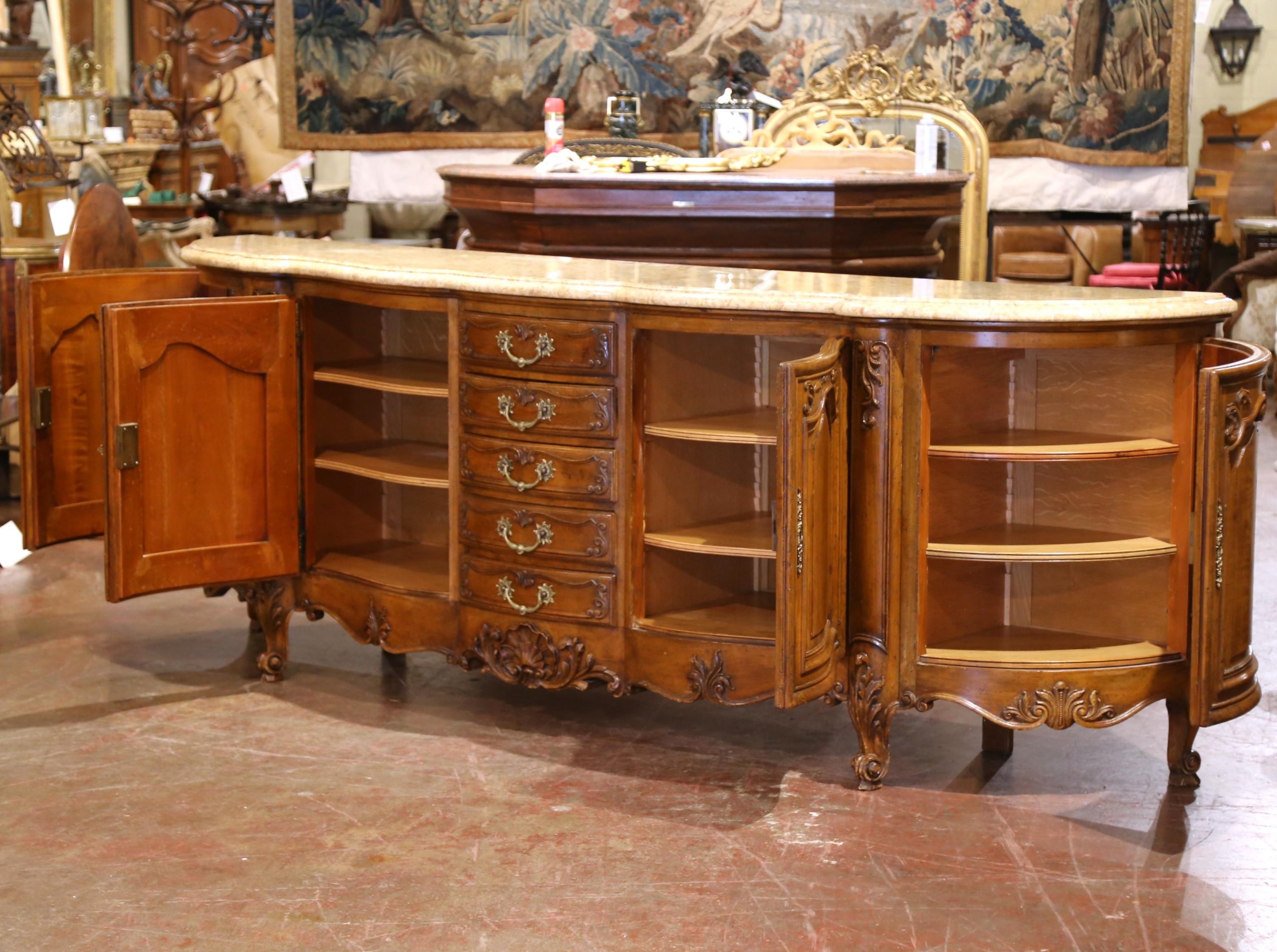 A.I.C. Early 20th C. French Louis XV Marble Top Carved Walnut Four-Door Buffet Enfilade en vente 1