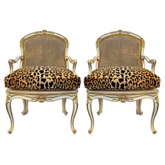 Early 20th-C. French Louis XV Style Caned & Water Gilt Bergere Chairs - Pair