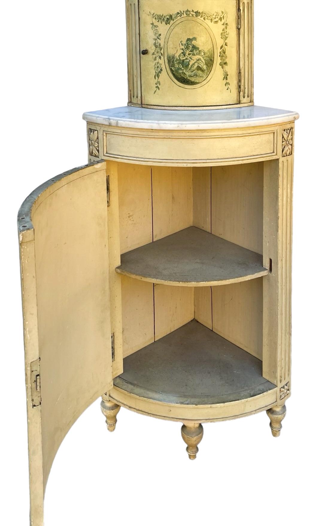 Neoclassical Revival Early 20th-C. French Neo-Classical Style Painted Corner Cabinet With Marble Top For Sale
