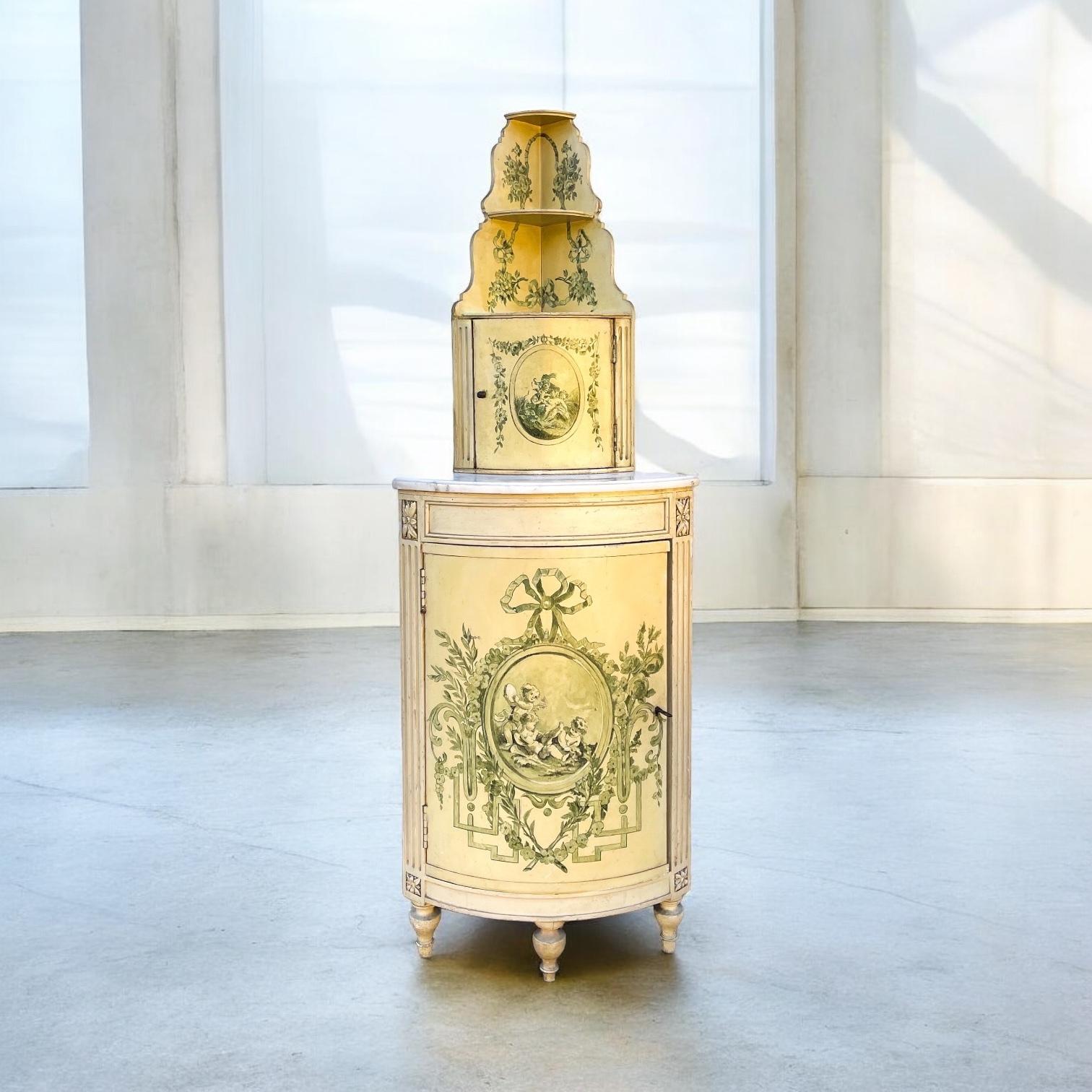 Early 20th-C. French Neo-Classical Style Painted Corner Cabinet With Marble Top In Good Condition For Sale In Kennesaw, GA