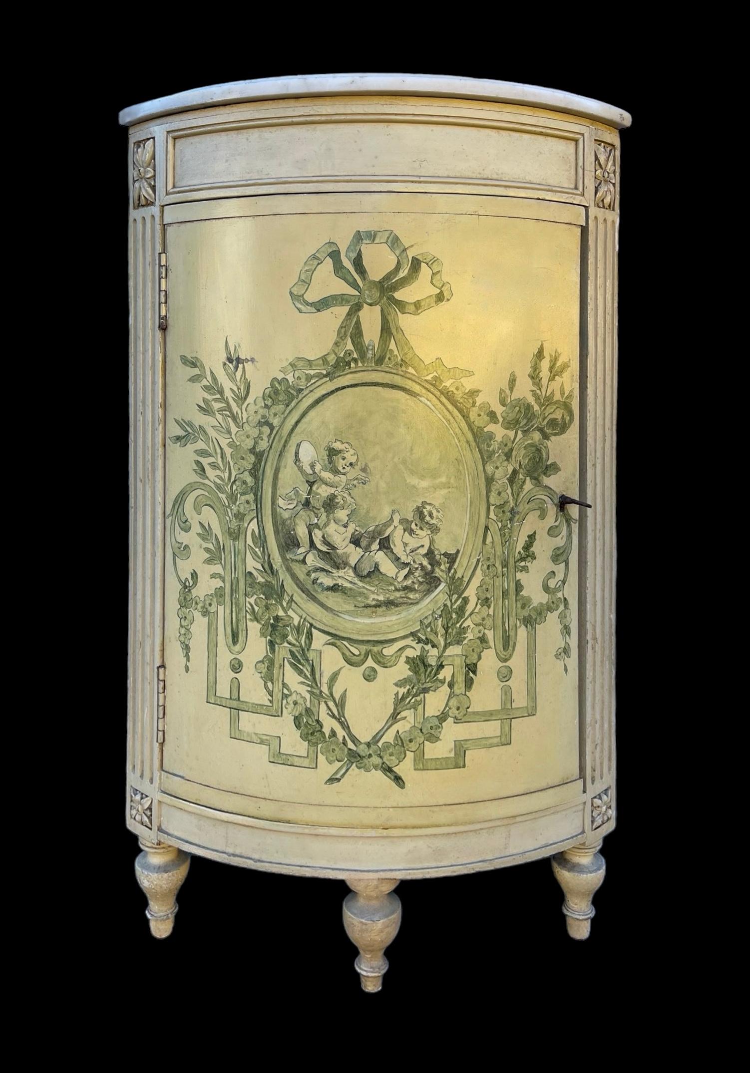 20th Century Early 20th-C. French Neo-Classical Style Painted Corner Cabinet With Marble Top For Sale