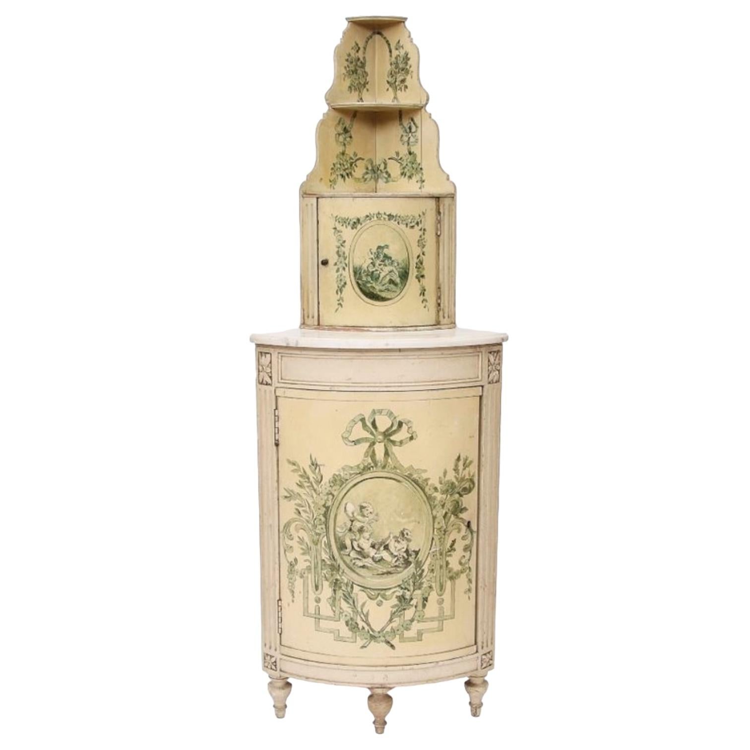 Early 20th-C. French Neo-Classical Style Painted Corner Cabinet With Marble Top For Sale 4