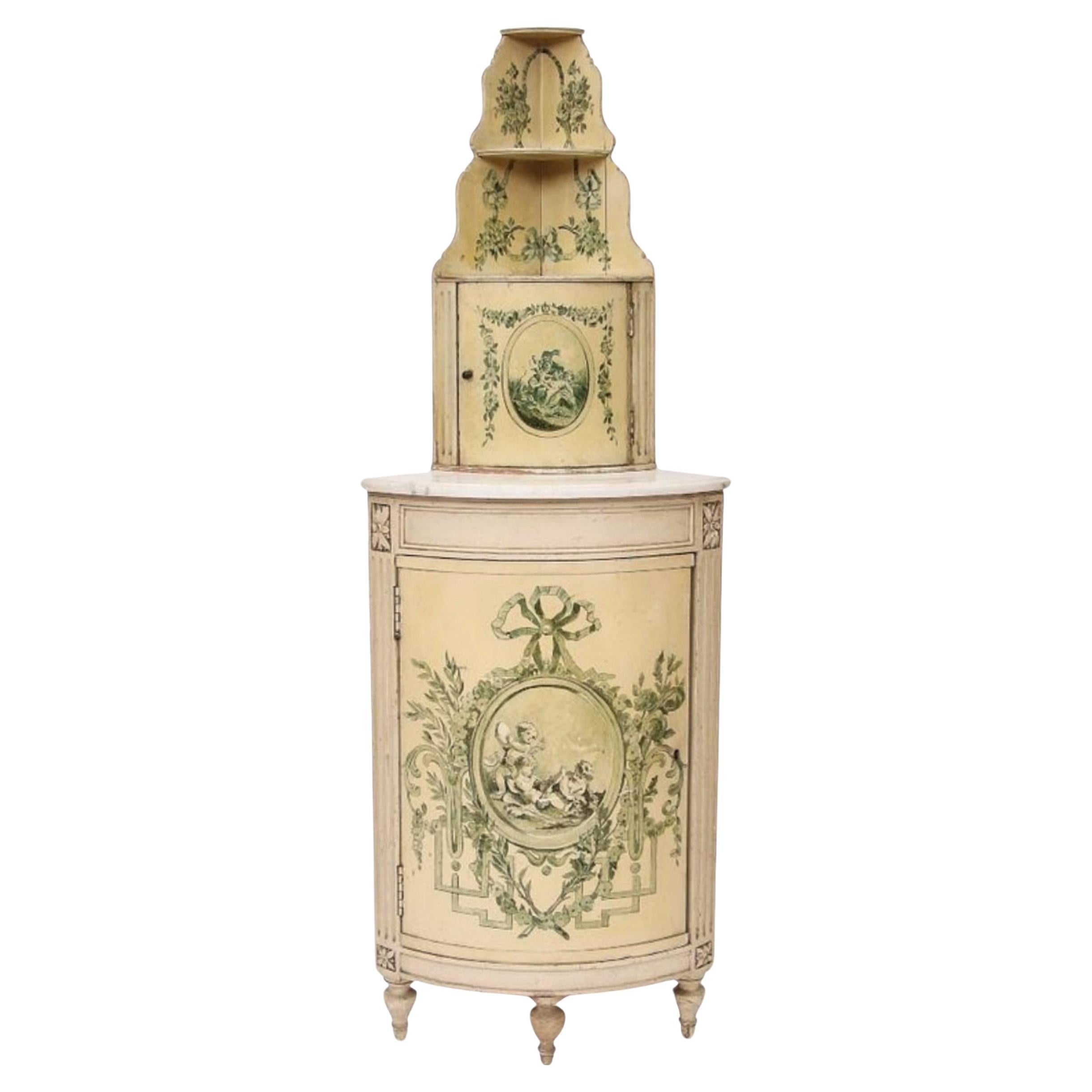 Early 20th-C. French Neo-Classical Style Painted Corner Cabinet With Marble Top