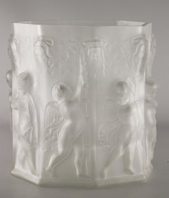 Early 20th C. French Octagonal Frosted Glass Vase Centerpiece with Cherubs