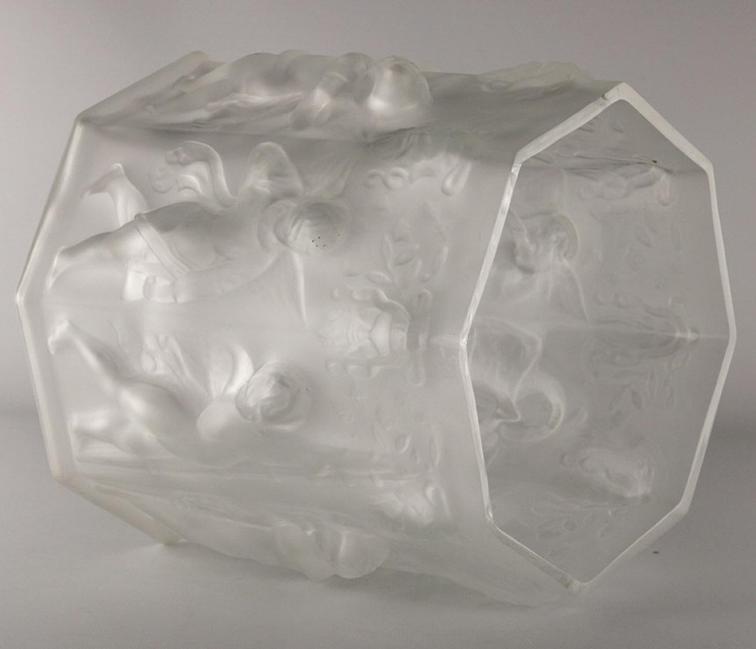 Art Nouveau Early 20th C. French Octagonal Frosted Glass Vase Centerpiece with Cherubs For Sale