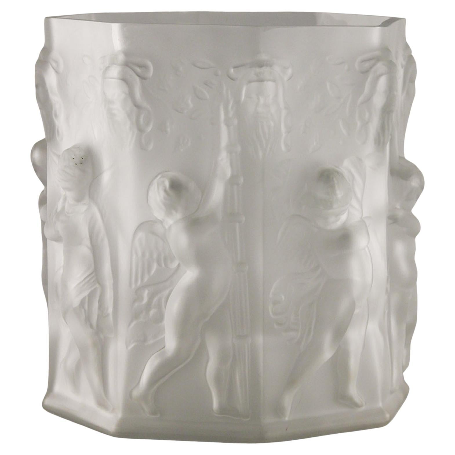 Early 20th C. French Octagonal Frosted Glass Vase Centerpiece with Cherubs For Sale