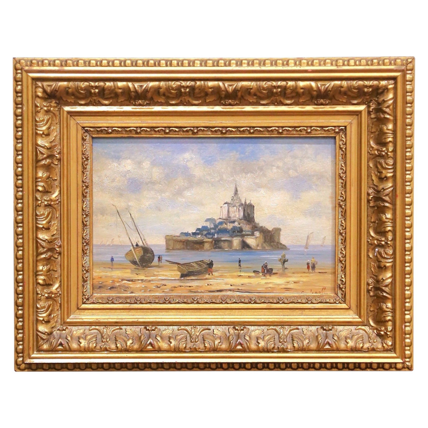 Début du 20ème siècle, peinture à l'huile sur carton du Mont Saint Michel dans un cadre doré.