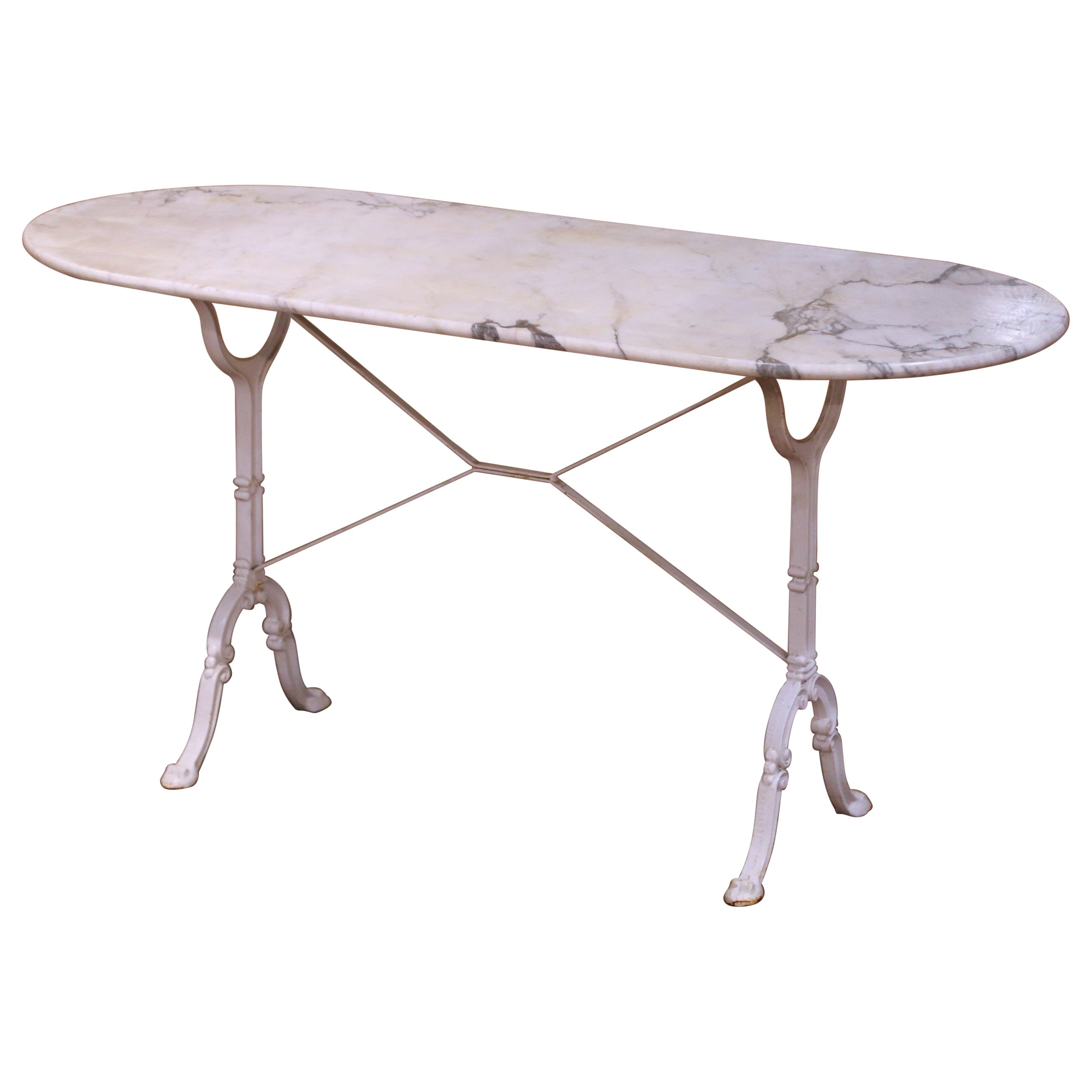 Early 20th C. French Oval Carrara Marble Pastry Table with Painted Iron Base
