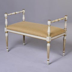 Early 20th C French Painted and Upholstered Bench with Side Arms