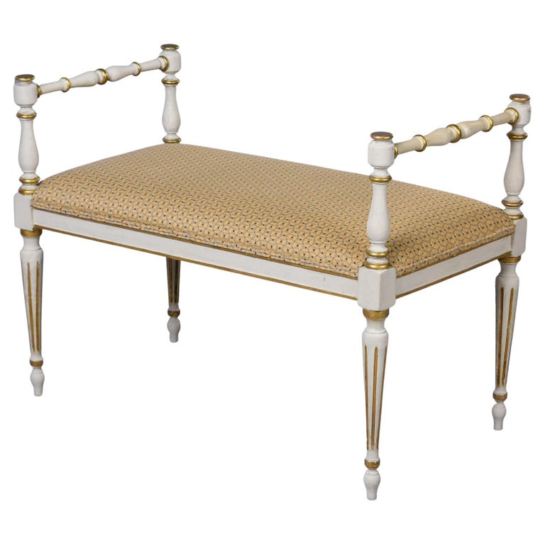 Early 20th C French Painted and Upholstered Bench with Side Arms For