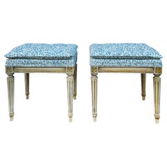Early 20th-C. French Painted & Gilt Ottomans in Grey Leopard Pair