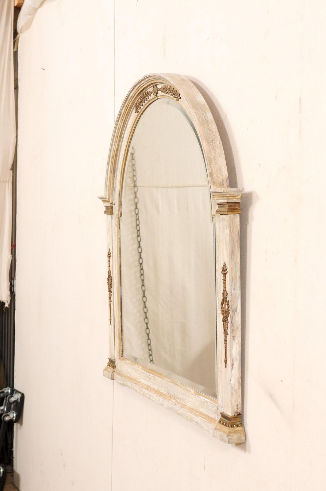 Early 20th C. French Painted Wood Mirror, Arched with Column Sides (3.5 Ft Tall) For Sale 1
