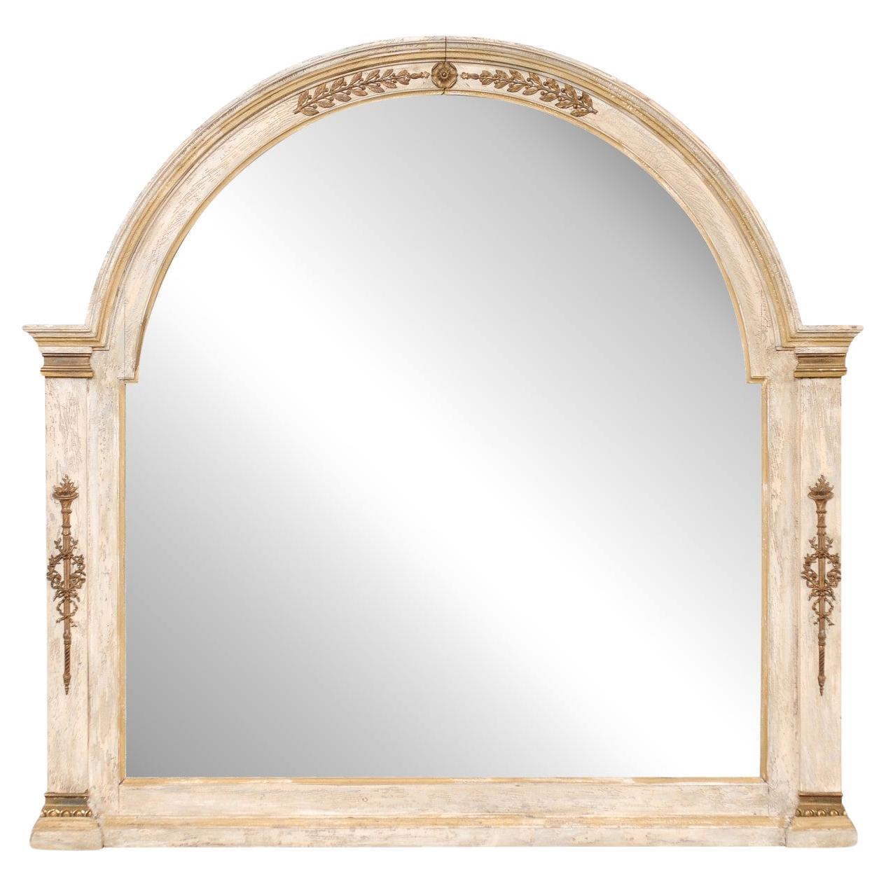 Early 20th C. French Painted Wood Mirror, Arched with Column Sides (3.5 Ft Tall)
