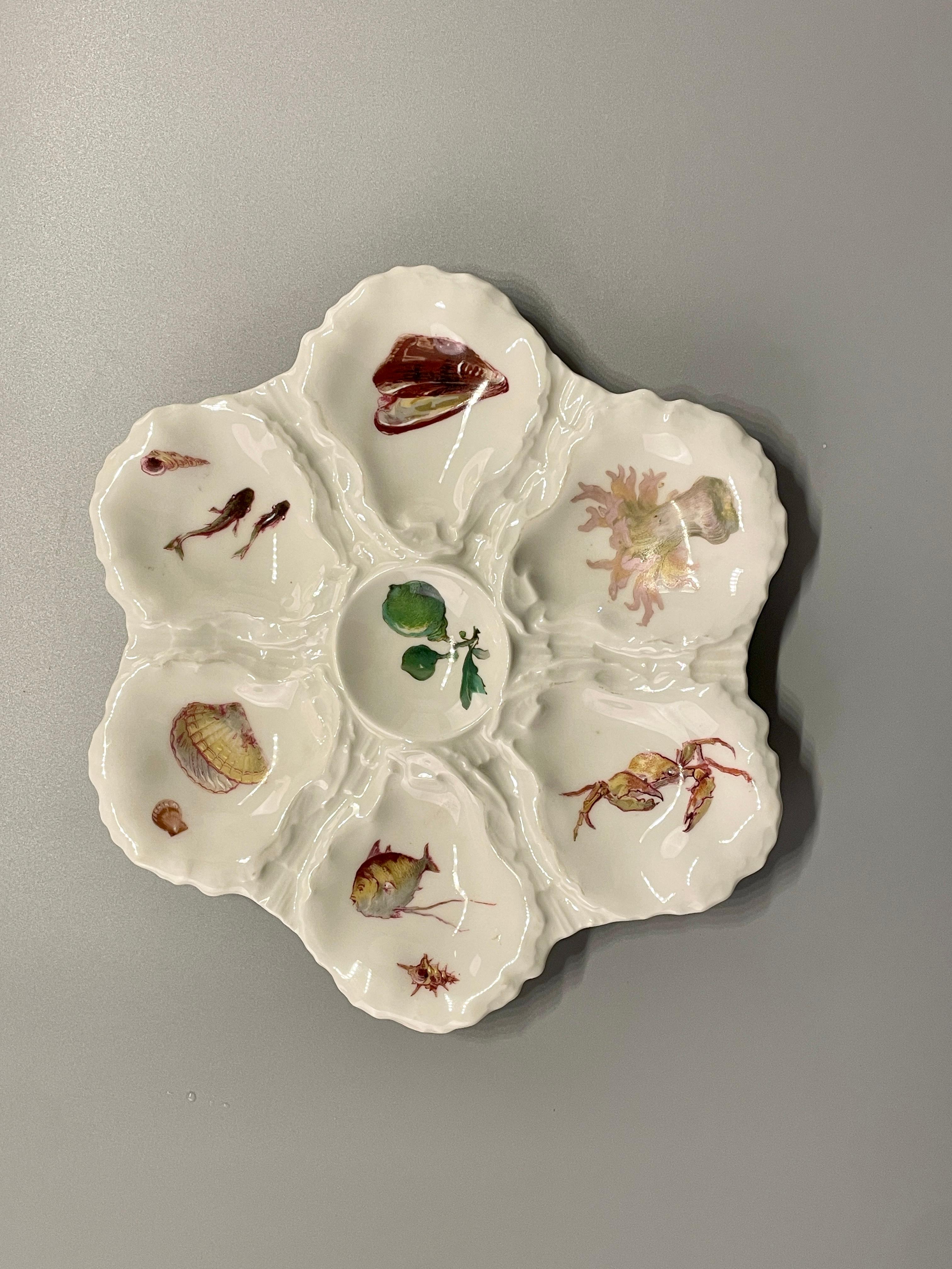 Assiettes à huîtres en porcelaine française du début du 20e siècle, Limoges, lot de 4 en vente 1