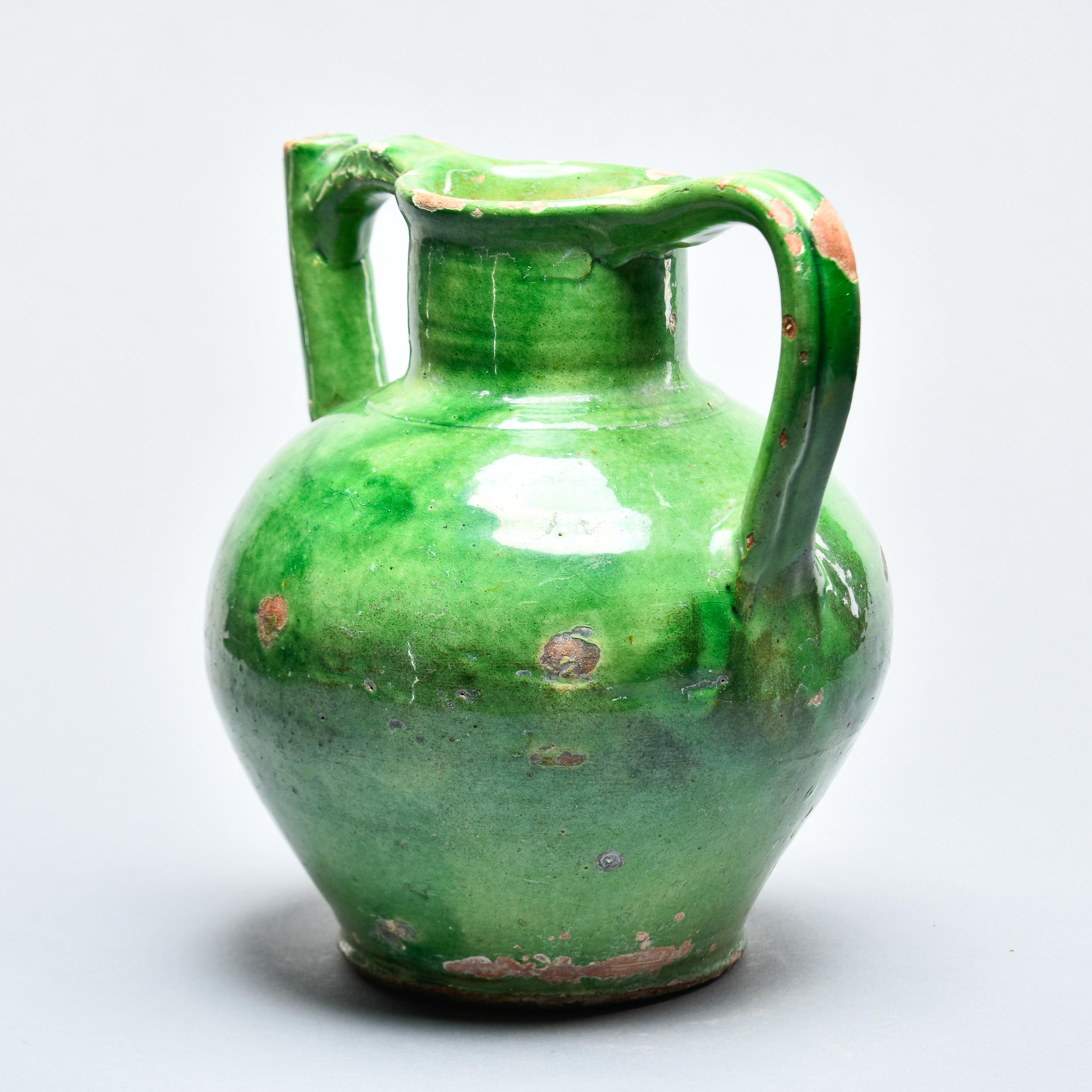 Early 20th C French Provincial Green Two Handled Water Jug In Good Condition For Sale In Troy, MI