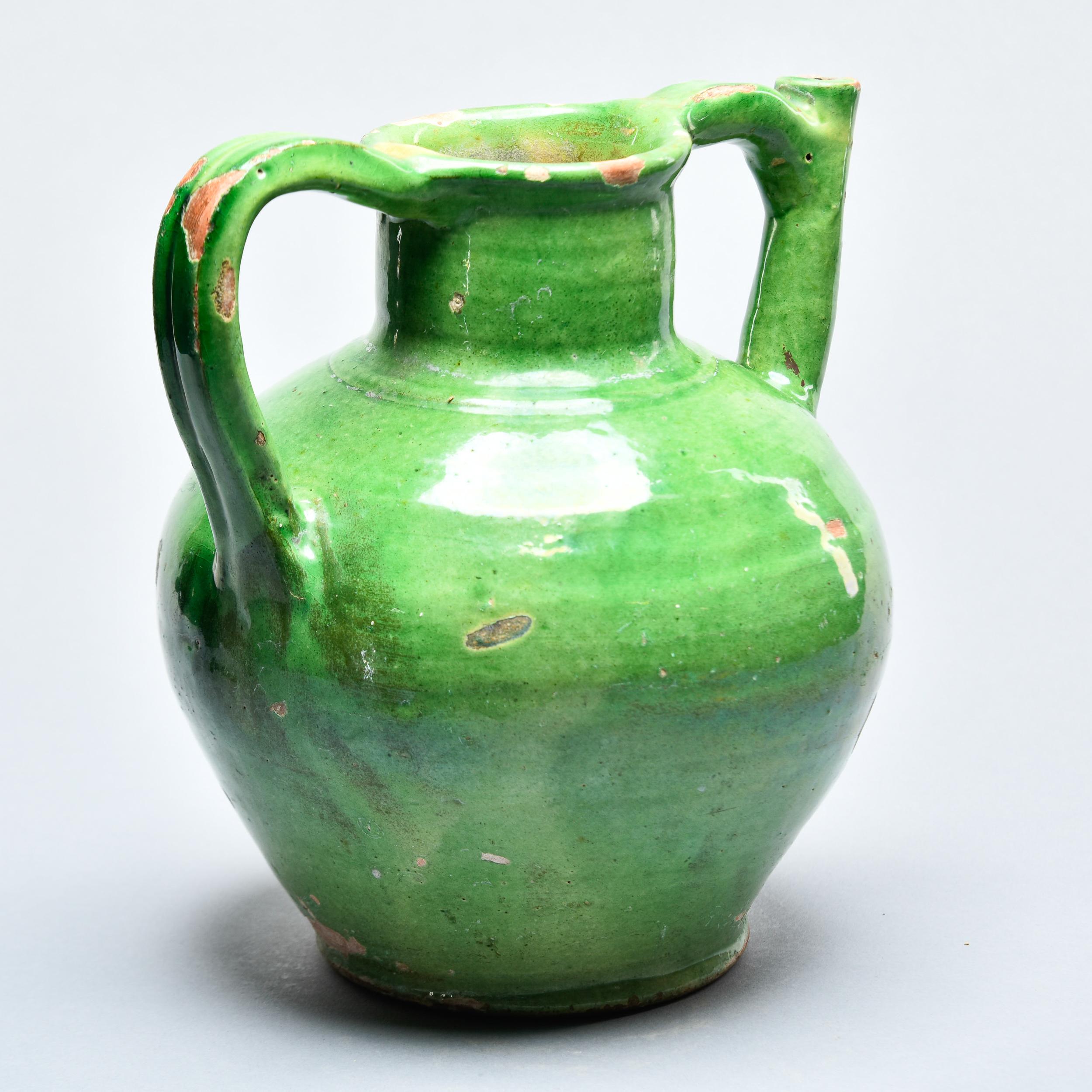 Ceramic Early 20th C French Provincial Green Two Handled Water Jug For Sale