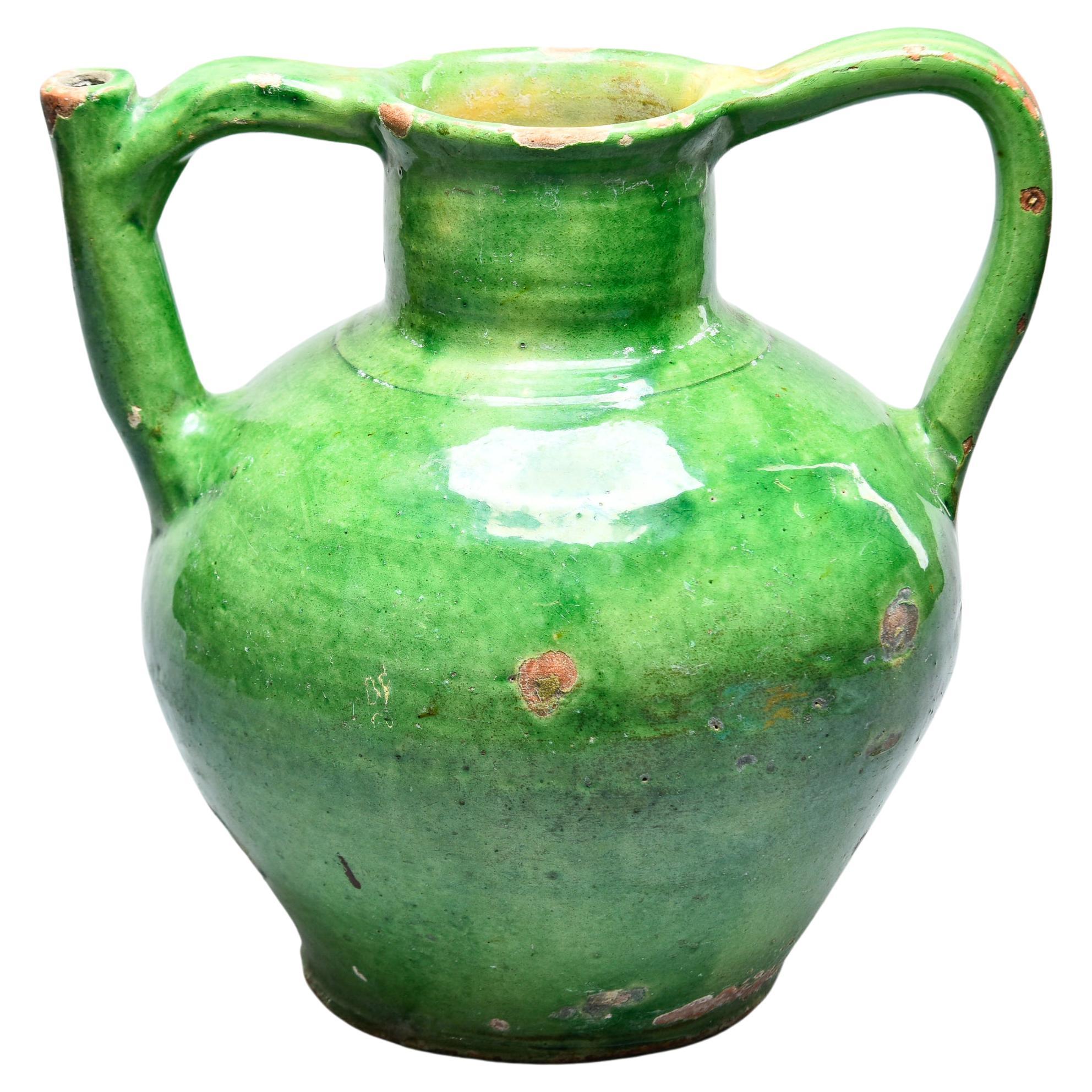 Early 20th C French Provincial Green Two Handled Water Jug