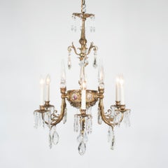 Early 20th C. French Rococo Revival 6 Arm Gilt Bronze and Crystal Chandelier