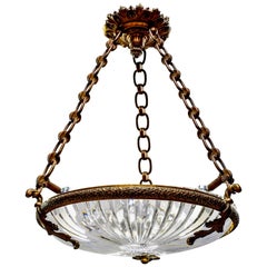 Antique Early 20th Century French Three Light Bronze and Thick Cut Glass Hanging Fixture
