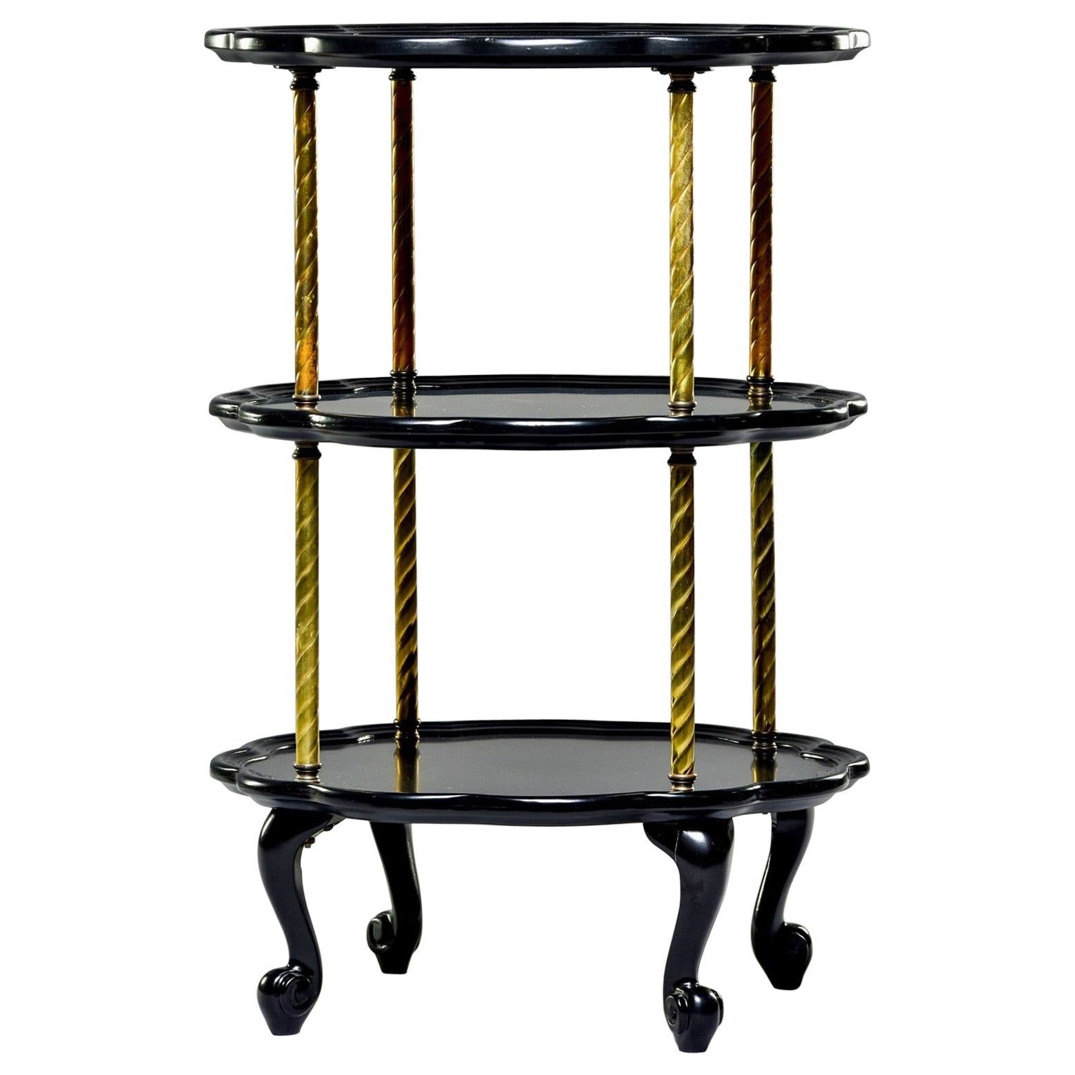 Early 20th Century French Three-Tier Ebonized Side Table with Brass Supports