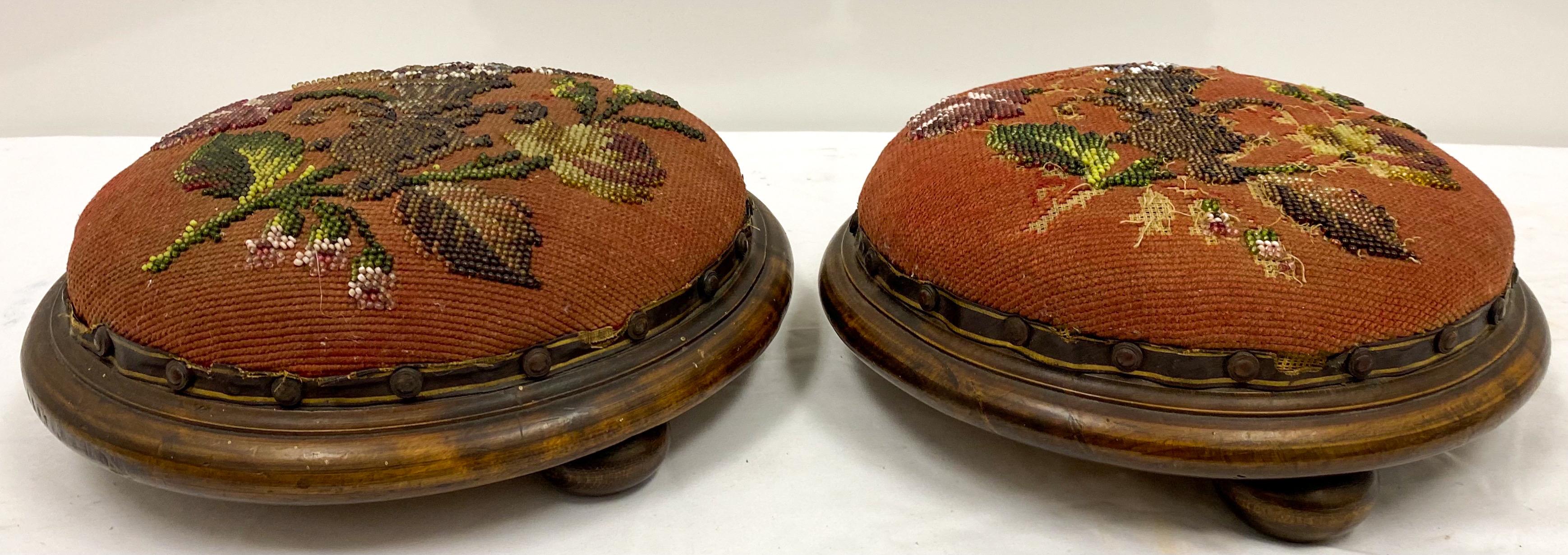 Velvet Early 20th C. French Victorian Style Burl and Beaded Ottomans, a Pair For Sale