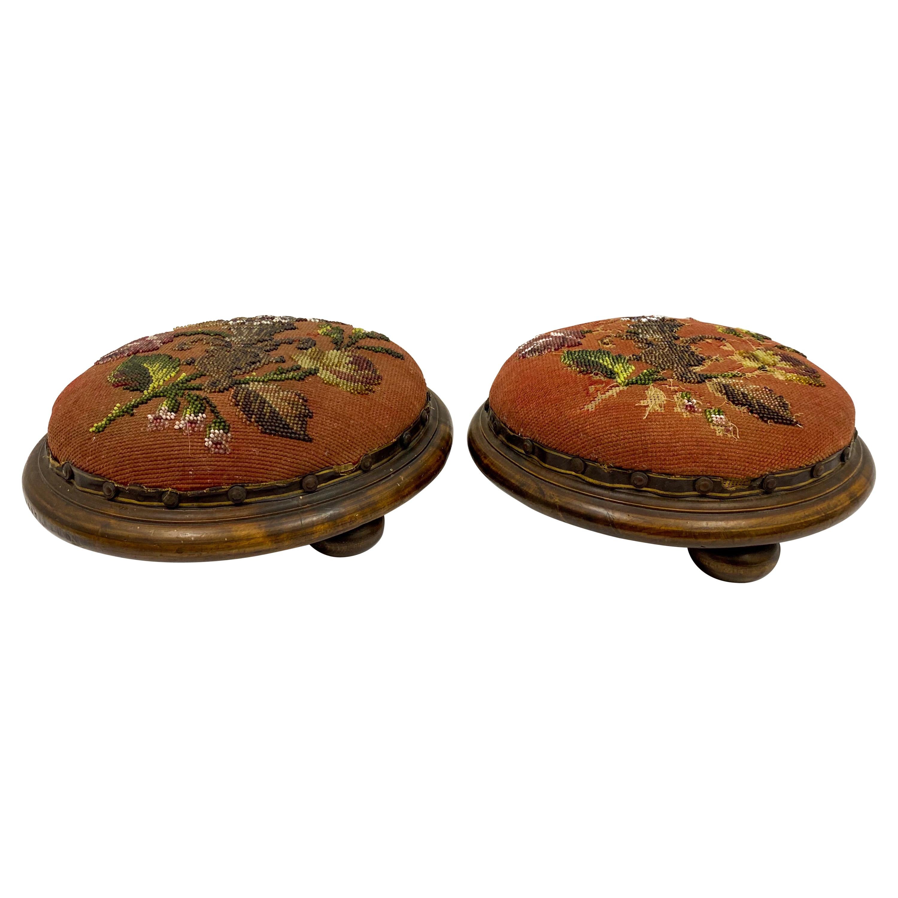 Early 20th C. French Victorian Style Burl and Beaded Ottomans, a Pair For Sale