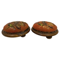 Antique Early 20th C. French Victorian Style Burl and Beaded Ottomans, a Pair