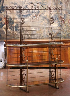 Early 20th C. French Wrought Iron and Brass Baker’s Rack with Glass Shelves
