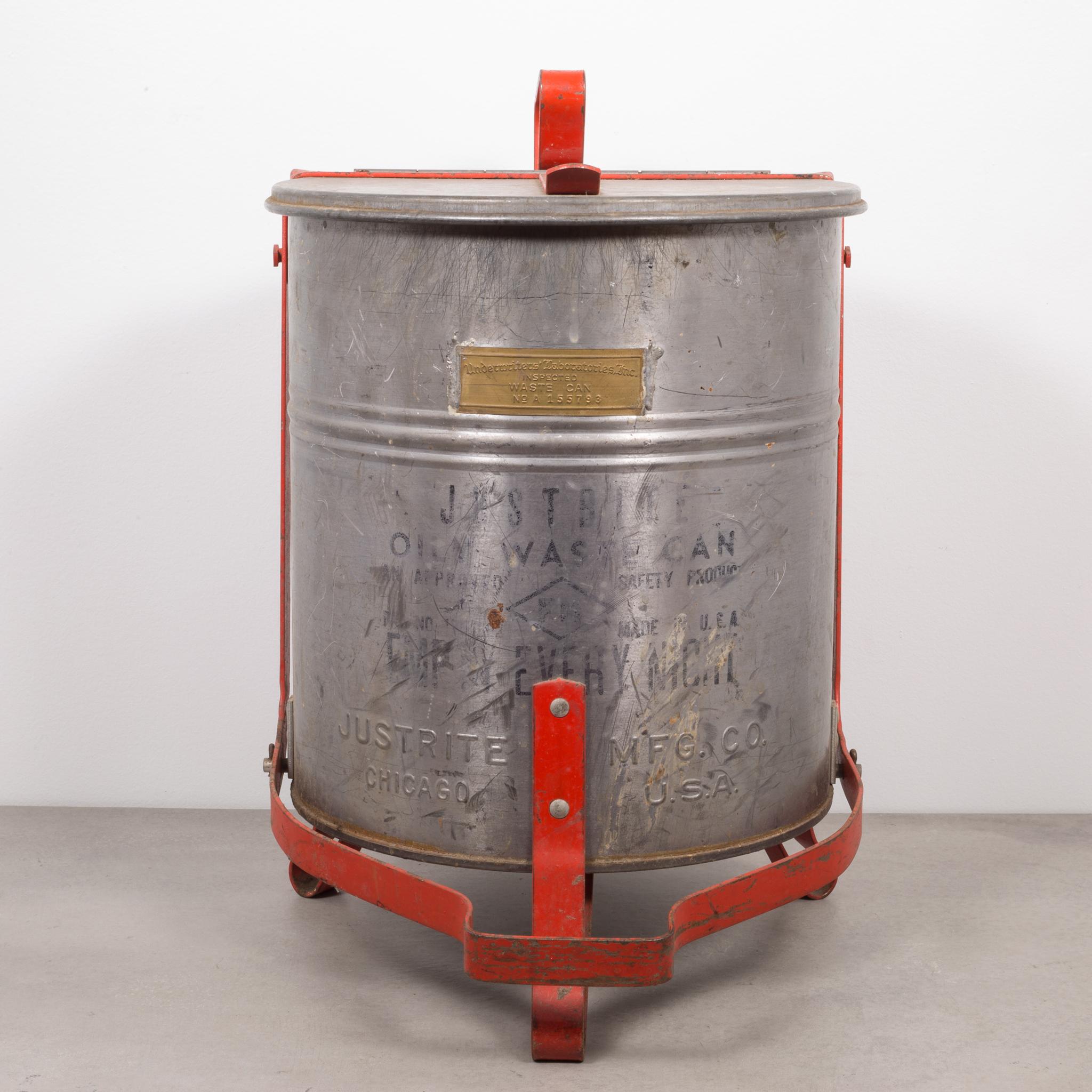 About

This is an industrial strength, galvanized steel metal flip top waste can manufactured by the Justrite Mfg. Co., founded in 1906. This waste can was manufactured to hold oily rags and were commonly found in factories and tool and die shops.