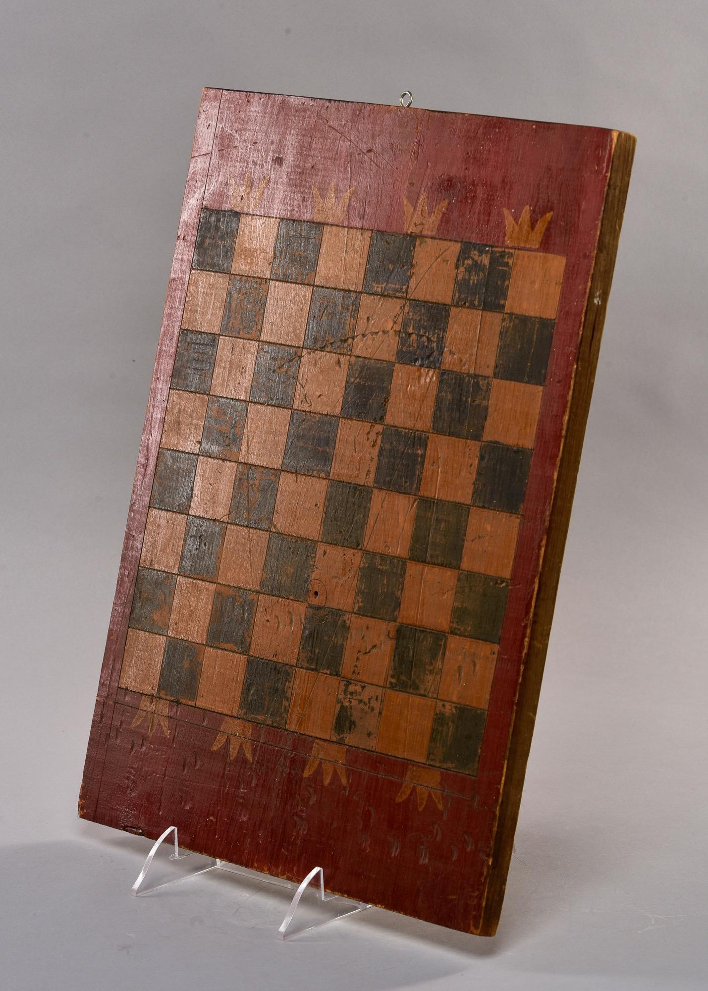 Folk Art Early  20th C Game Board with Orig Painted Black and Gold Squares and Red Edges