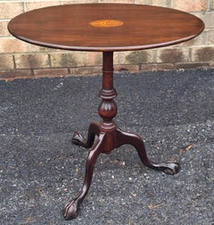 Early 20th C George III Style Satinwood Inlaid Mahogany Oval Tilt Top Side Table