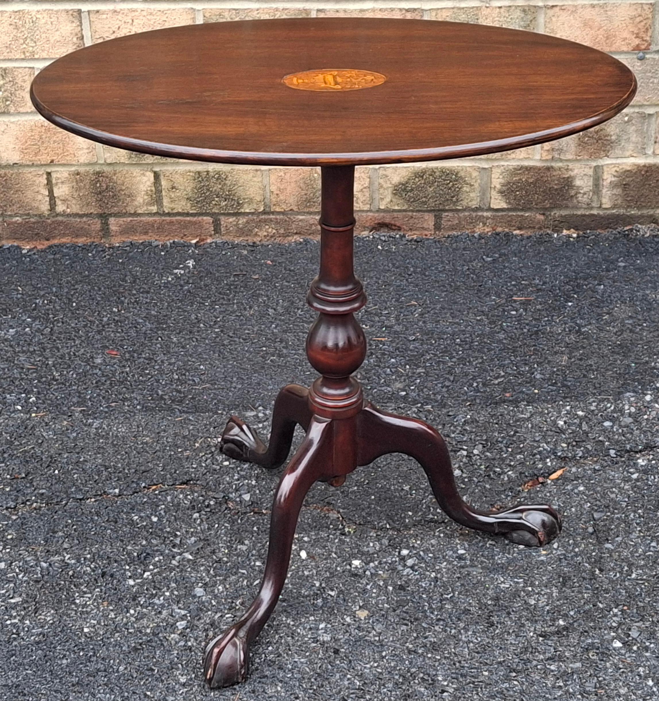 American Early 20th C George III Style Satinwood Inlaid Mahogany Oval Tilt Top Side Table For Sale