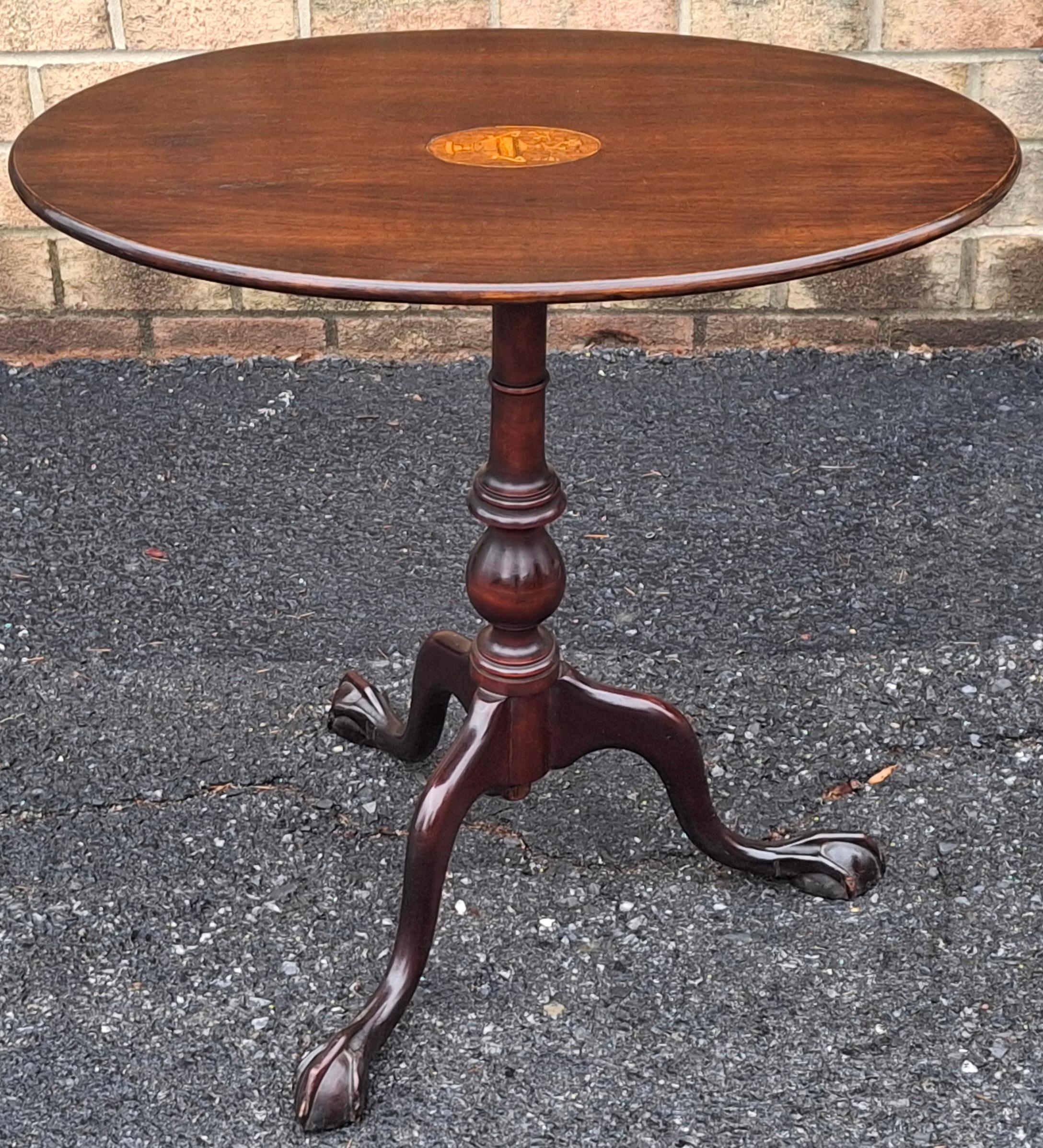 Stained Early 20th C George III Style Satinwood Inlaid Mahogany Oval Tilt Top Side Table For Sale