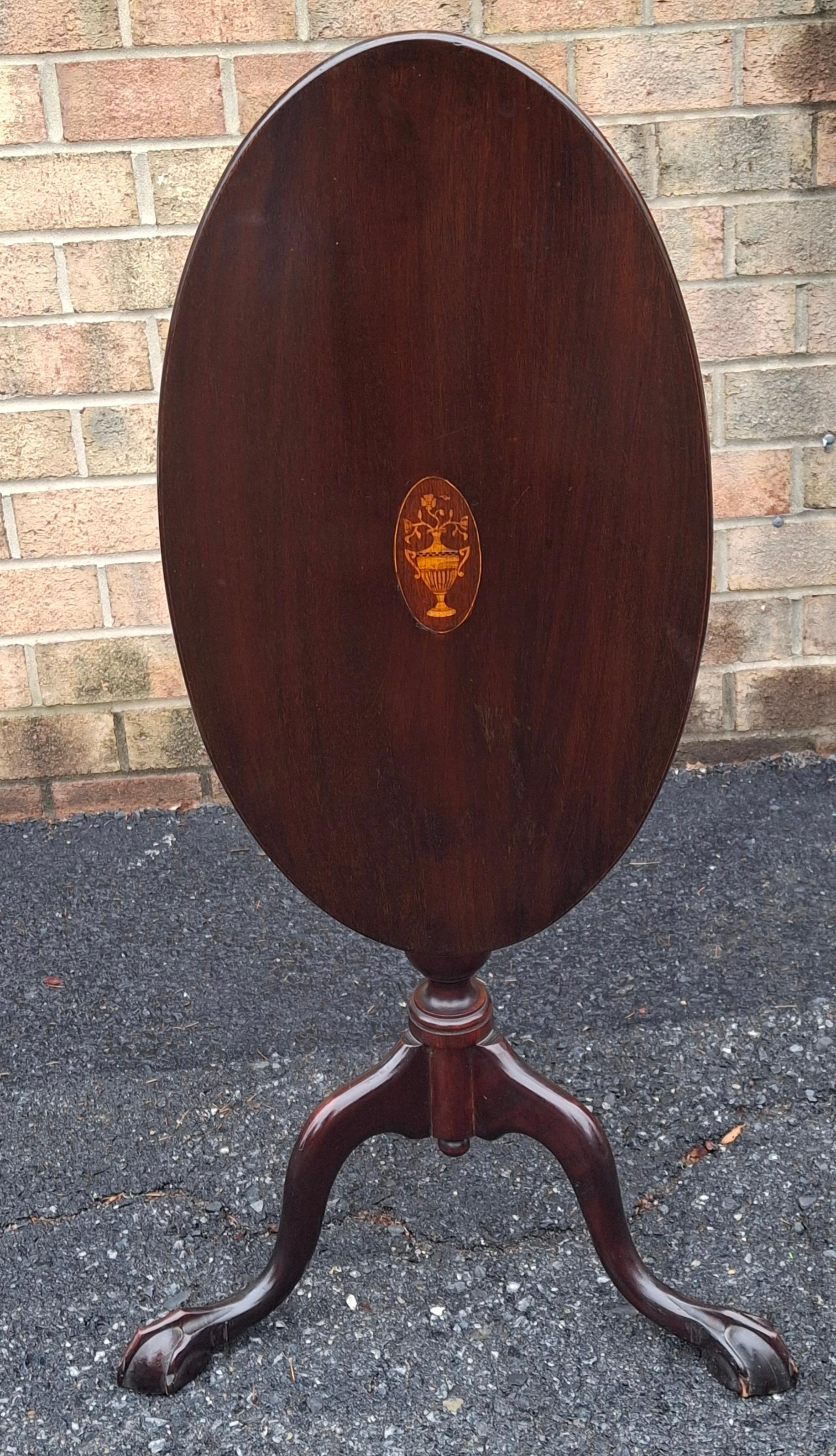 Brass Early 20th C George III Style Satinwood Inlaid Mahogany Oval Tilt Top Side Table For Sale