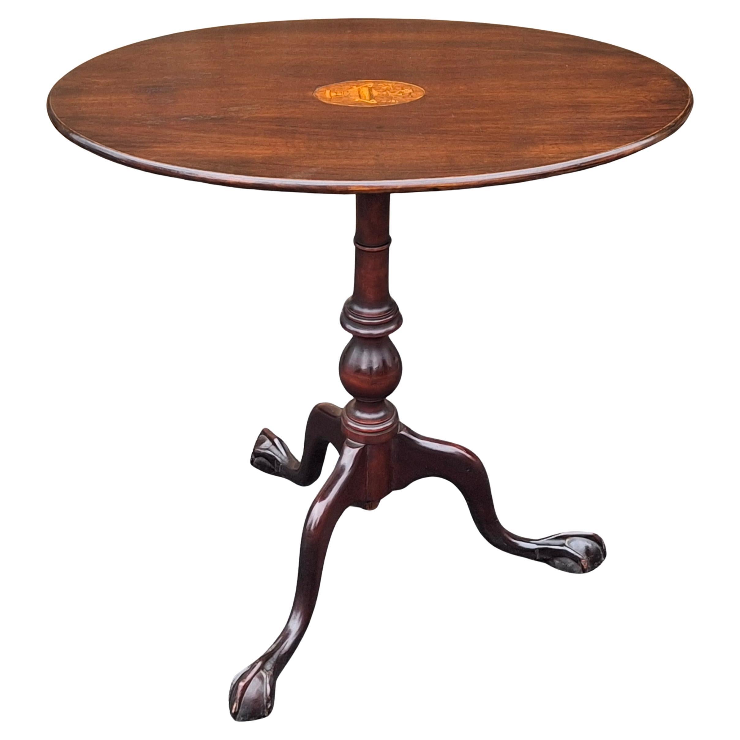 Early 20th C George III Style Satinwood Inlaid Mahogany Oval Tilt Top Side Table For Sale