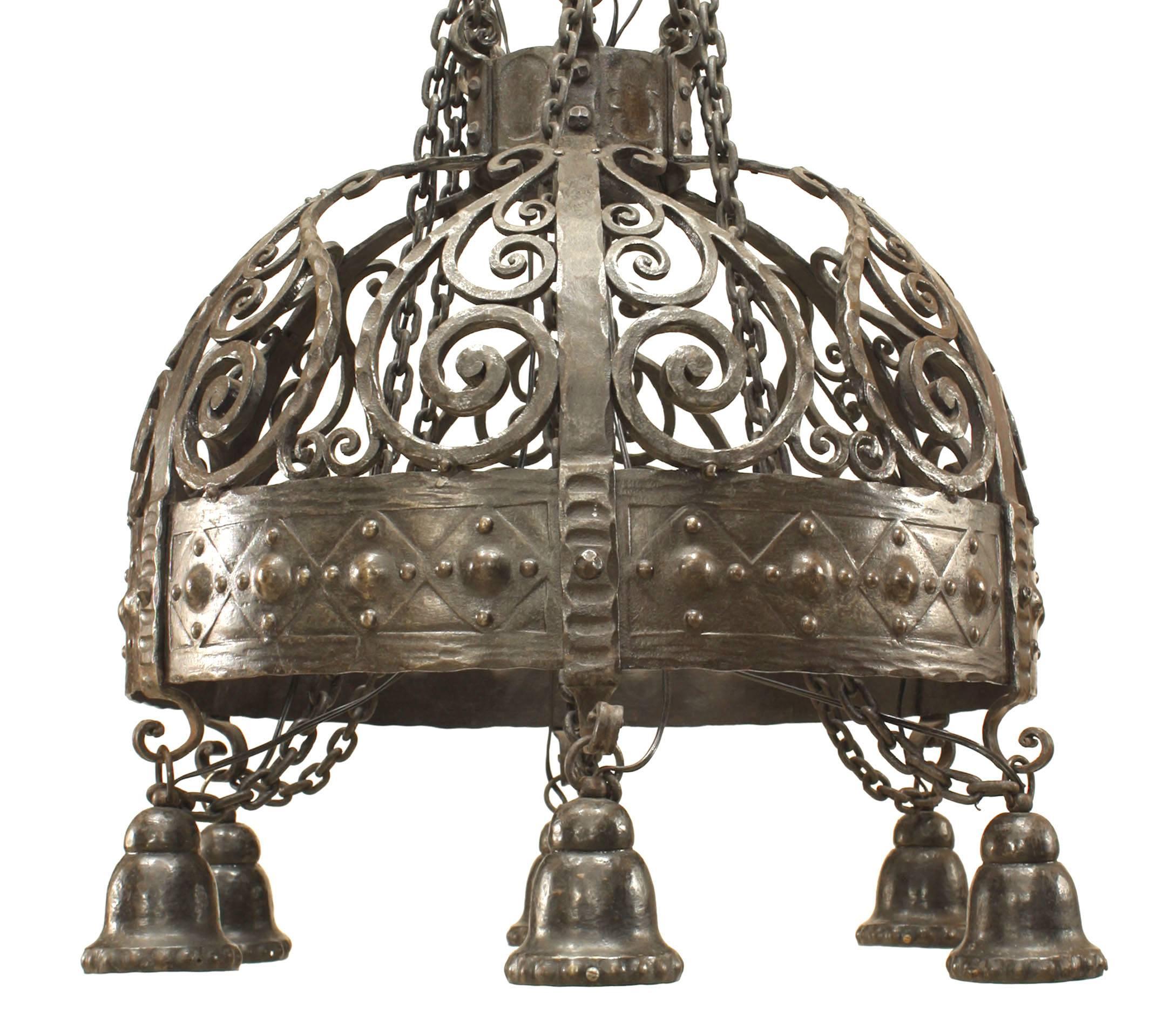 German (1920's) wrought iron large dome shaped 6 light chandelier with filigree scroll design suspended by 6 link chains attached to a canopy.
