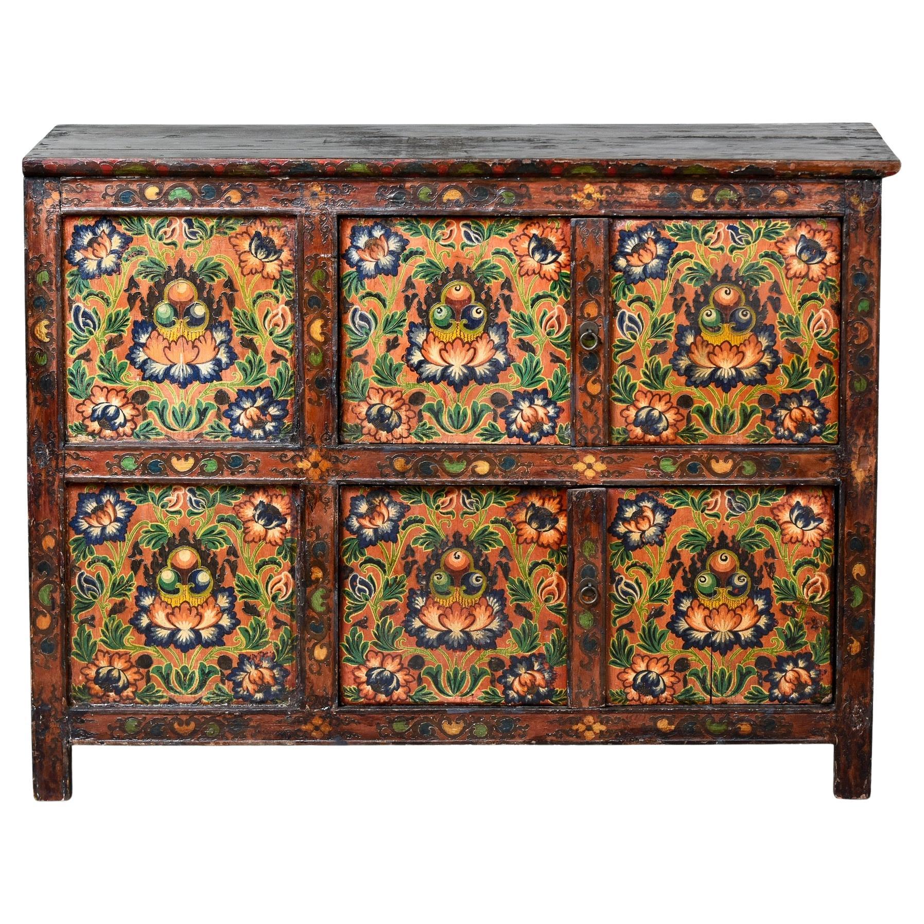Early 20th C Gold and Blue Lotus Blossom Six Panel Tibetan Cabinet For Sale