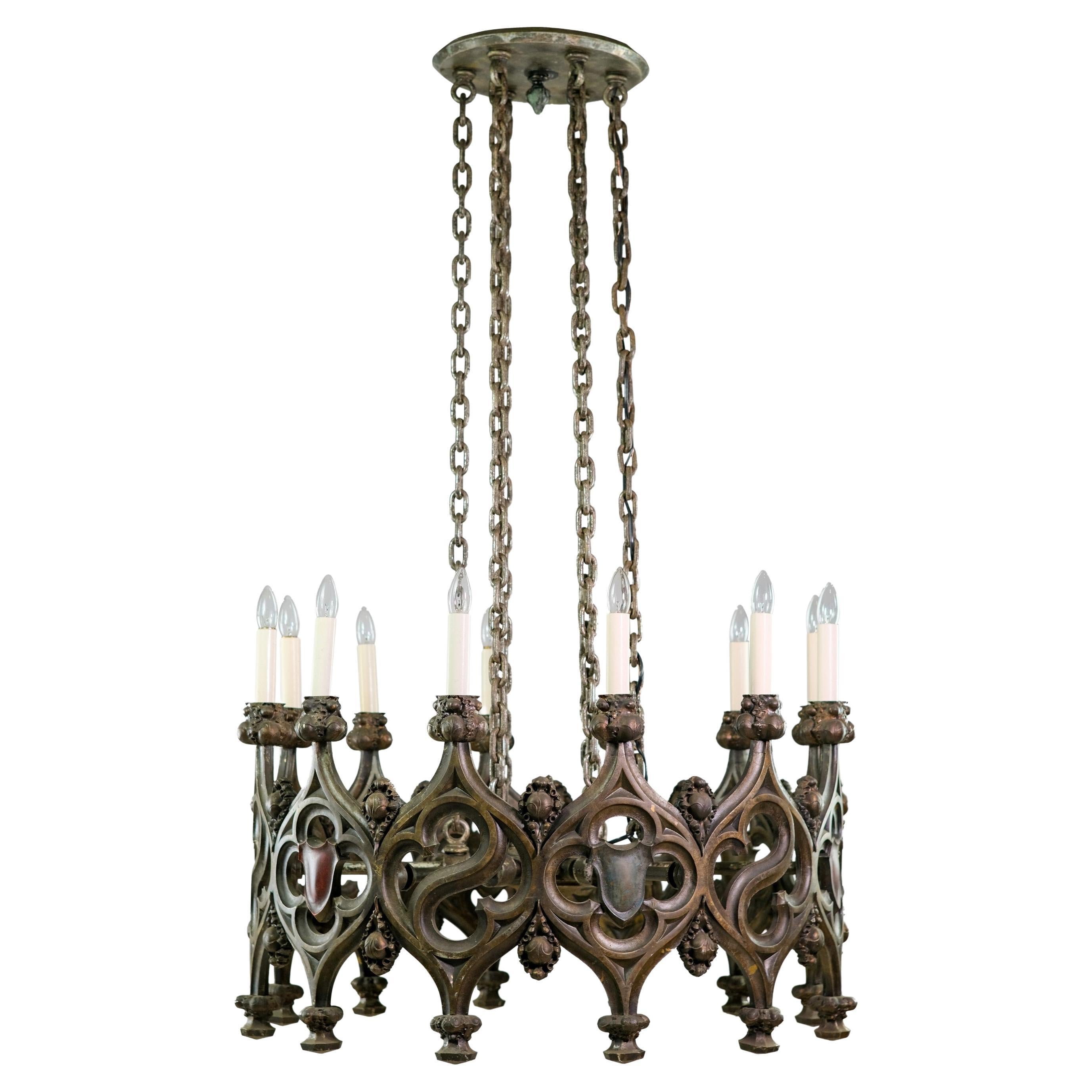 Gothic 12 Arm Bronze Chandelier Union Theological Seminary NYC  For Sale