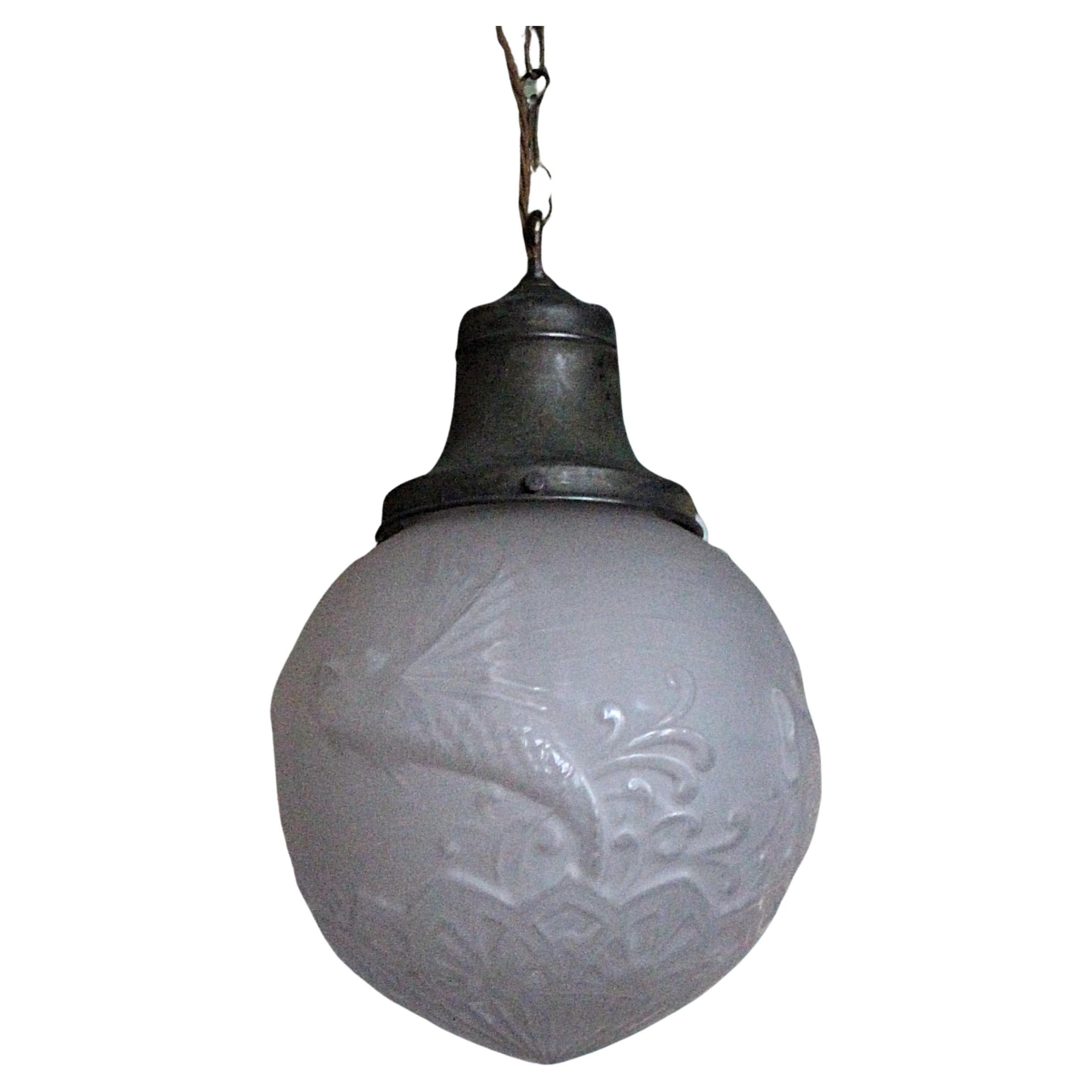 Early 20th C Gothic Oriental Koi Carp Decorated Glass Pendant Light Lantern