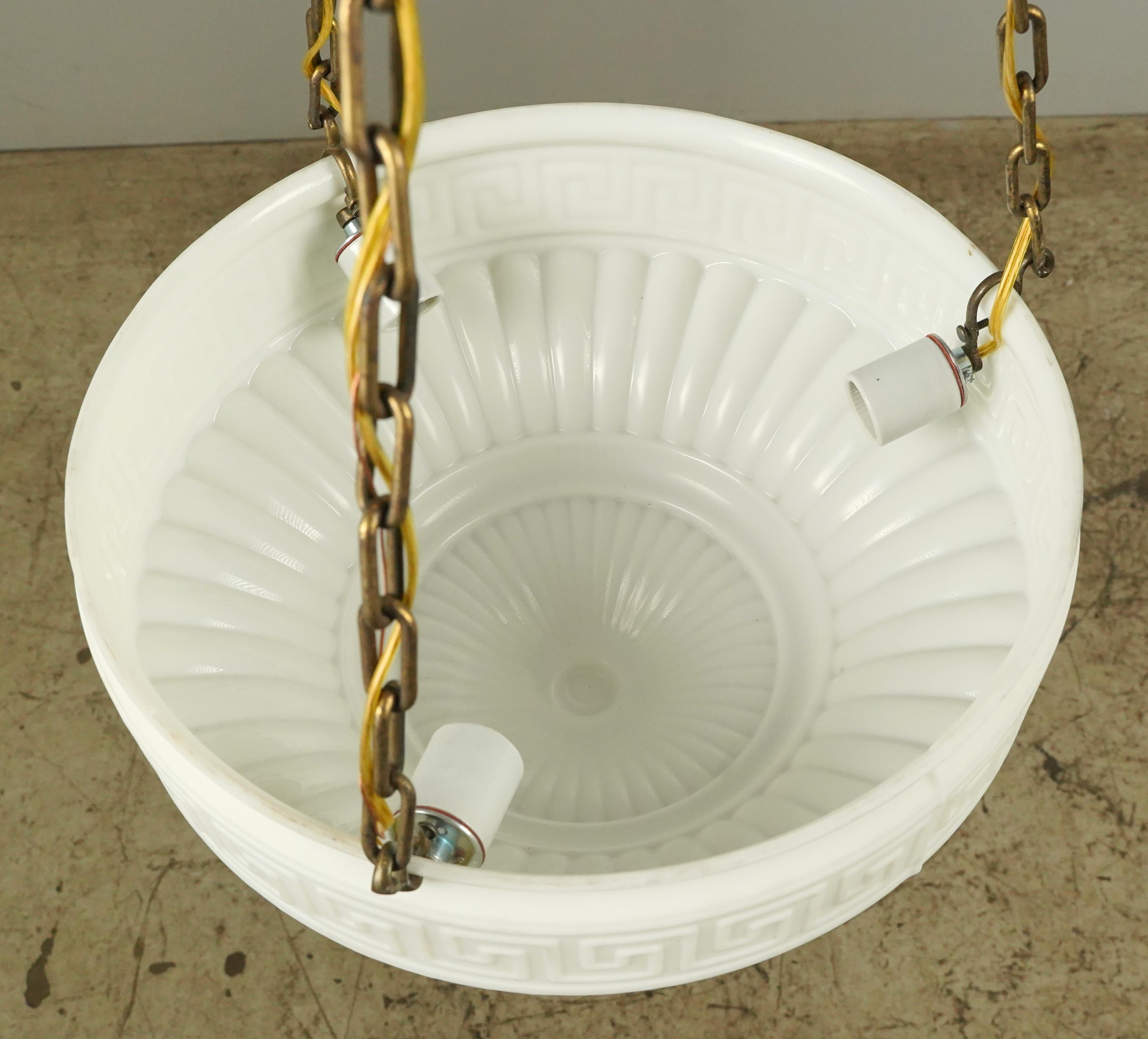 Early 20th C Greek Key Milk Glass Dish Pendant Light For Sale 5