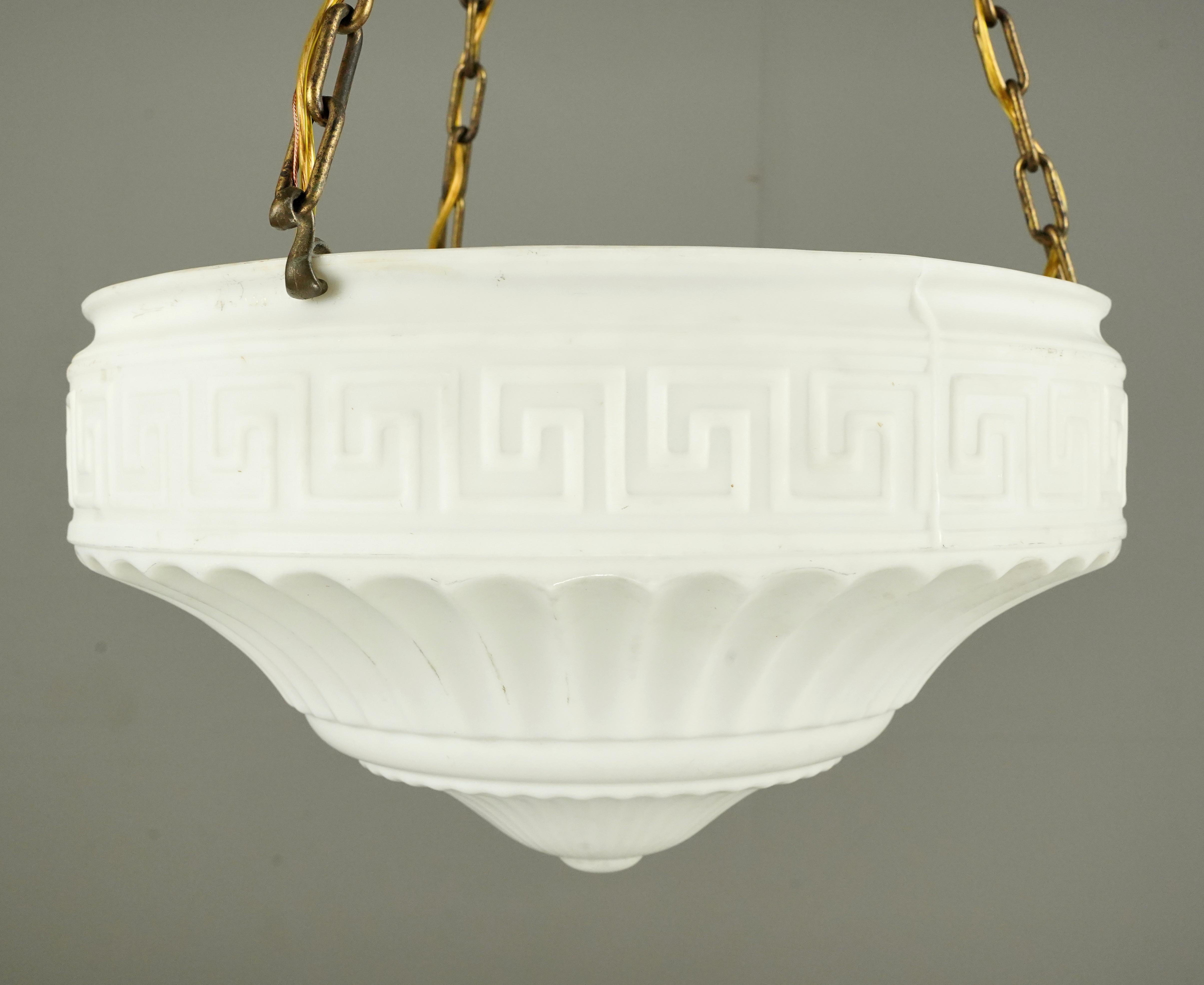 Greek Revival Early 20th C Greek Key Milk Glass Dish Pendant Light For Sale