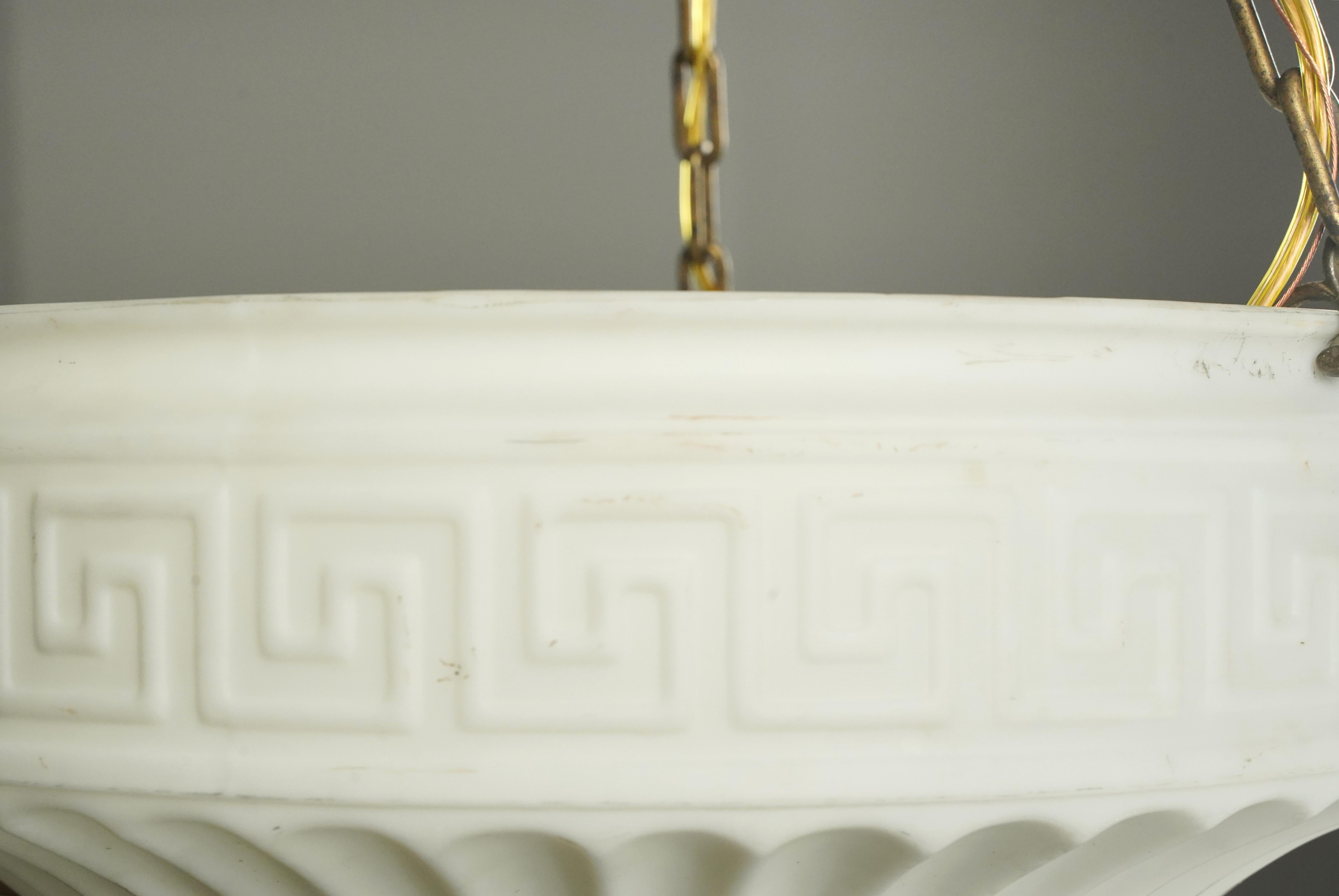 American Early 20th C Greek Key Milk Glass Dish Pendant Light For Sale