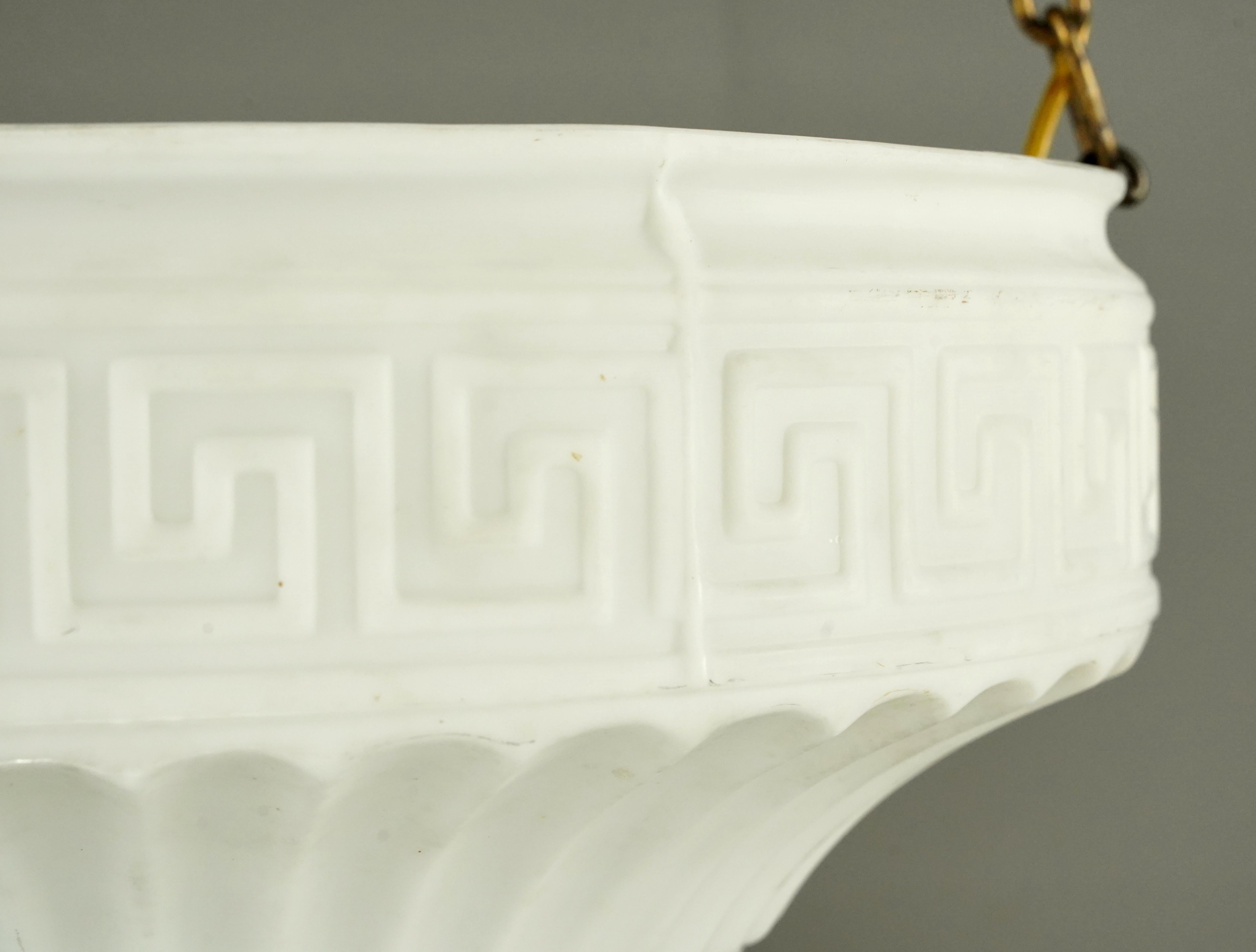 Early 20th C Greek Key Milk Glass Dish Pendant Light In Good Condition For Sale In New York, NY