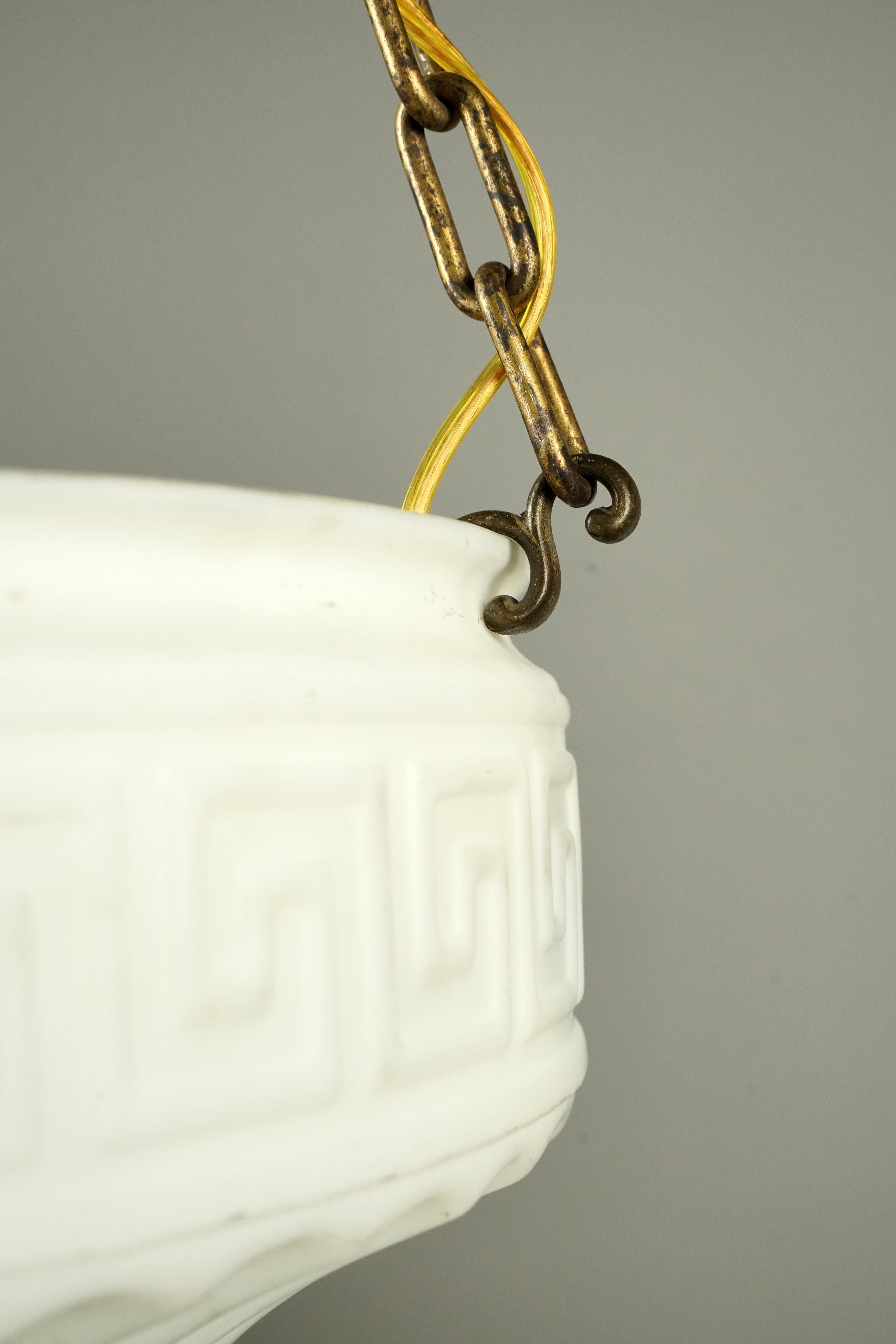 20th Century Early 20th C Greek Key Milk Glass Dish Pendant Light For Sale