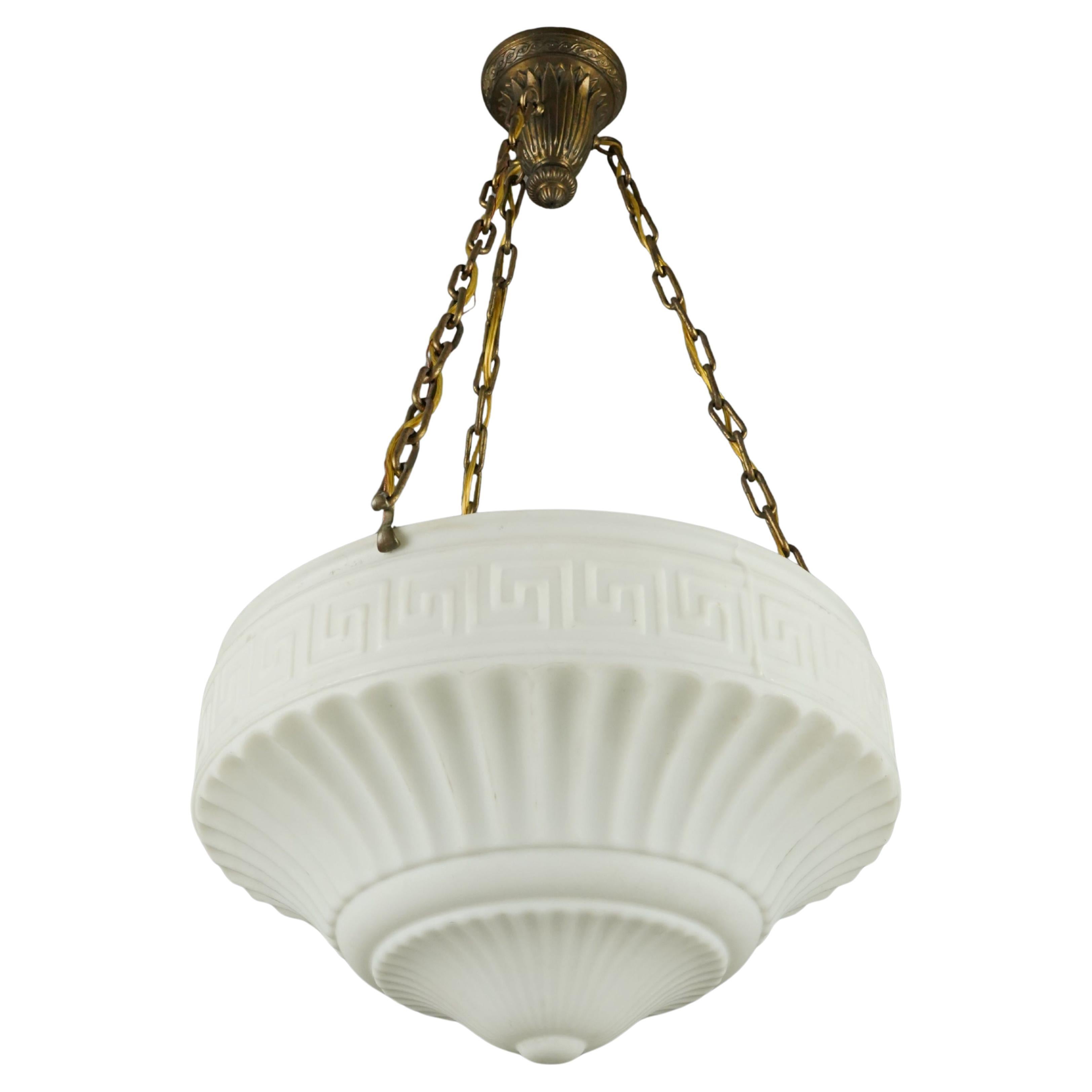 Early 20th C Greek Key Milk Glass Dish Pendant Light For Sale
