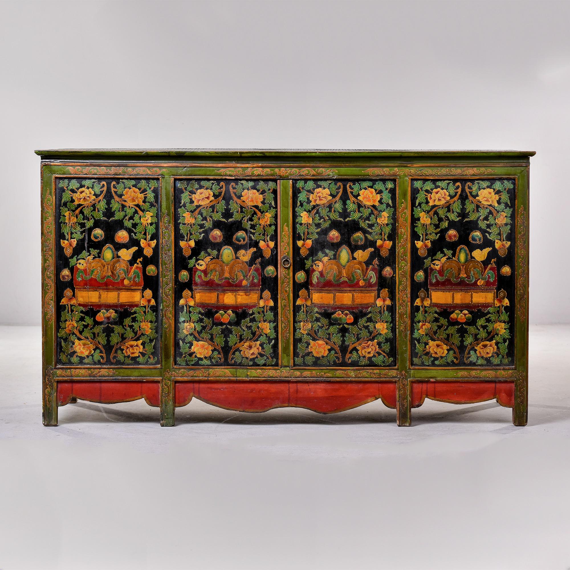 Early 20th C Green and Black Four Panel Tibetan Cabinet In Good Condition In Troy, MI