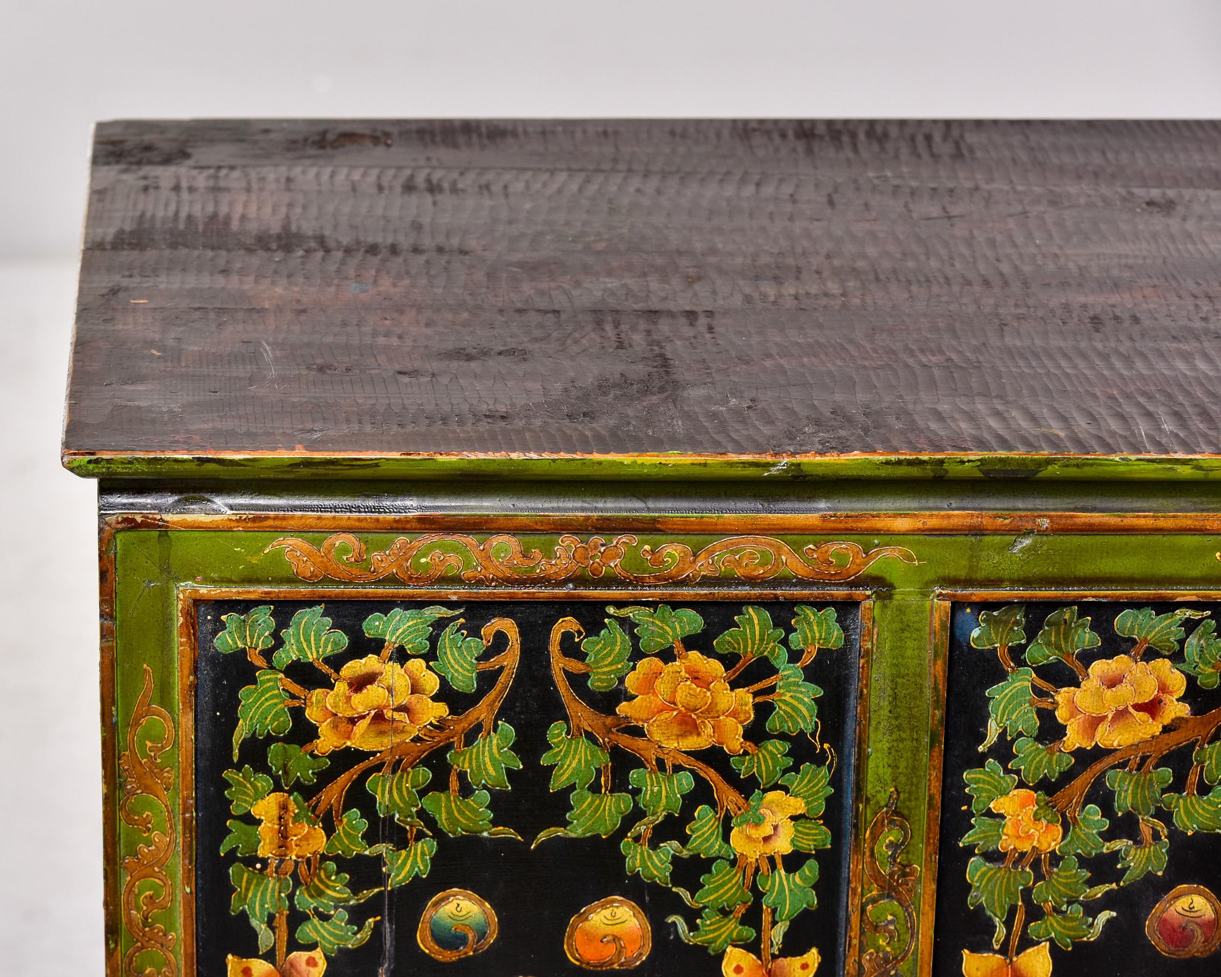 Wood Early 20th C Green and Black Four Panel Tibetan Cabinet